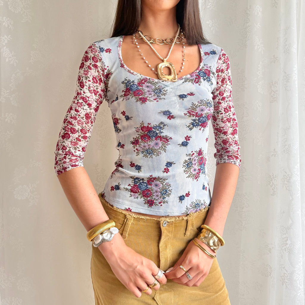 Floral Mesh Crop Top - Size XS