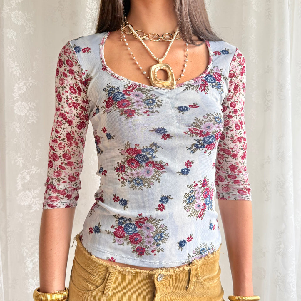 Floral Mesh Crop Top - Size XS