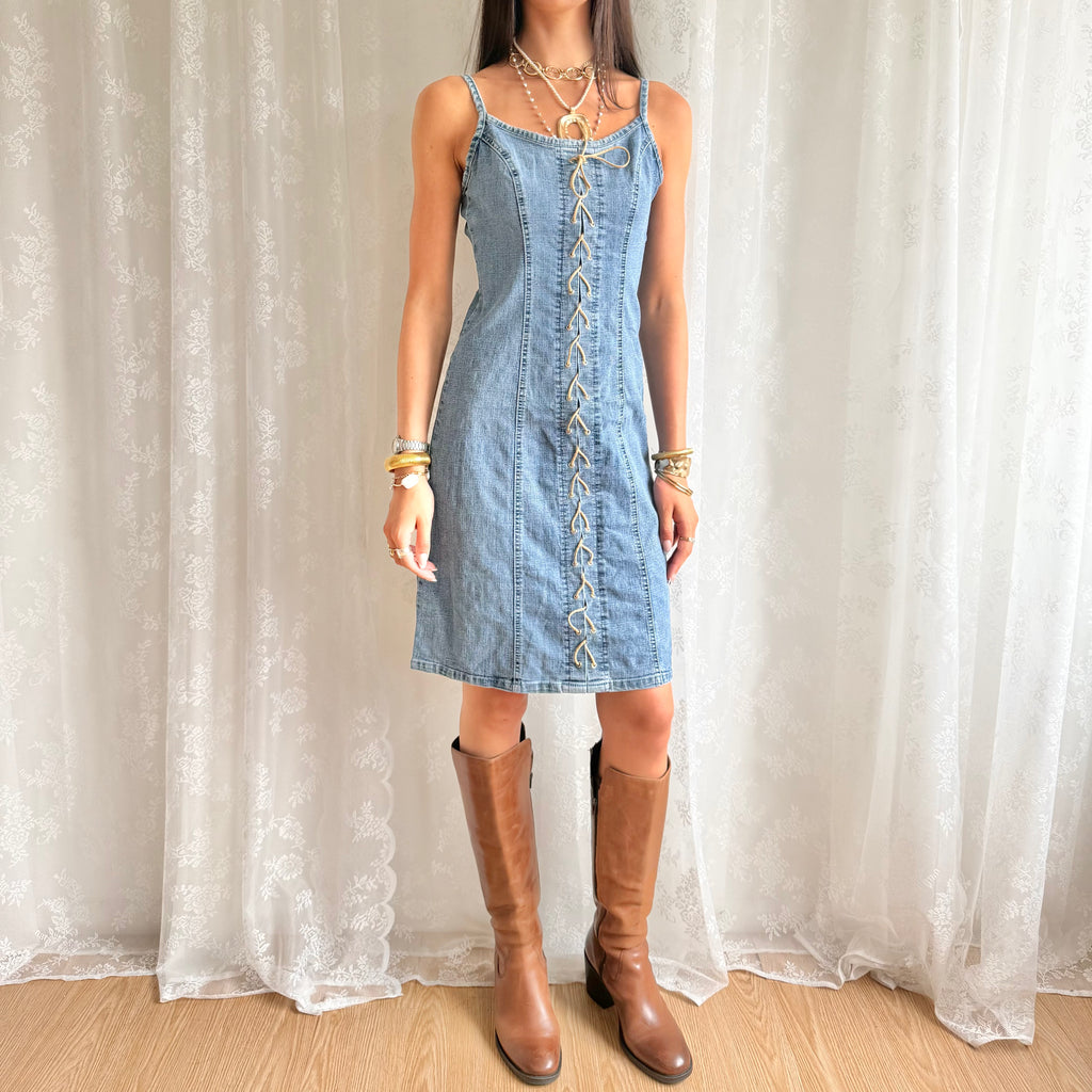 Denim Lace Up Mini Dress - Size M