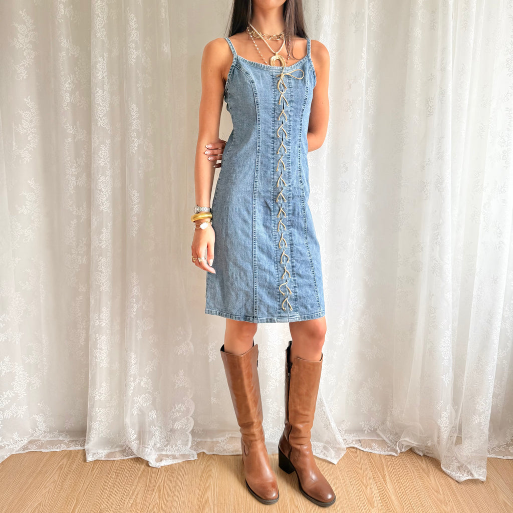 Denim Lace Up Mini Dress - Size M