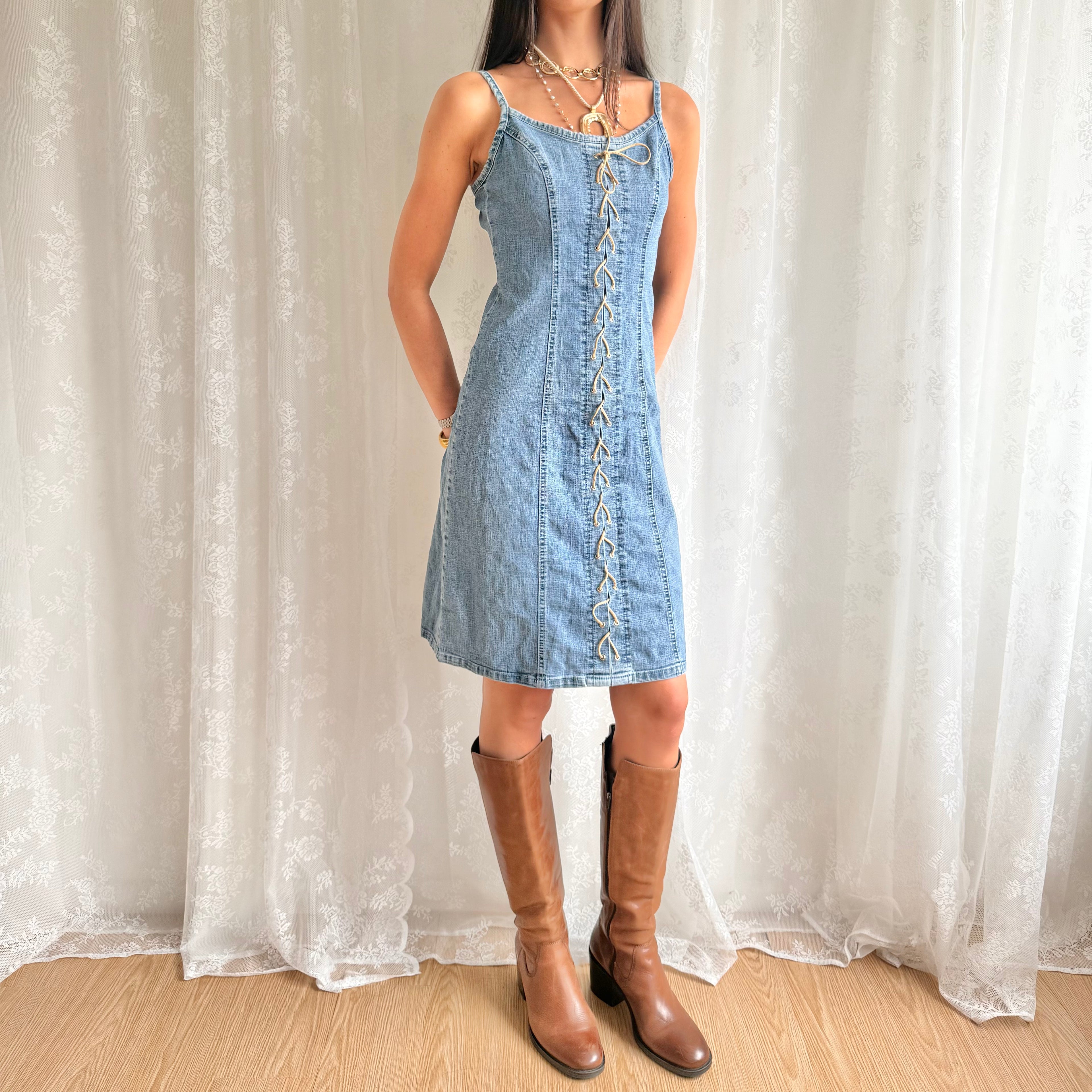 Denim Lace Up Mini Dress - Size M