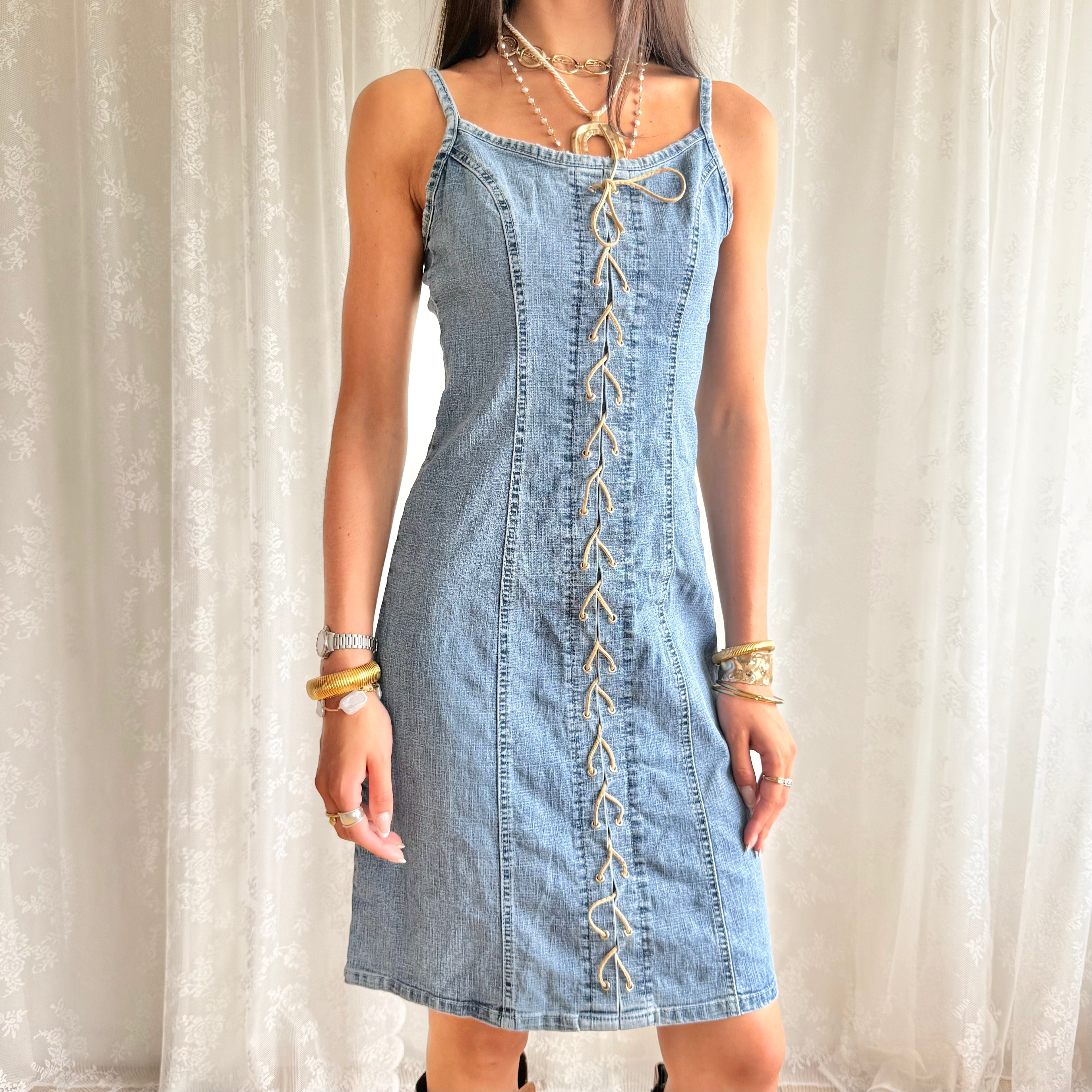 Denim Lace Up Mini Dress - Size M