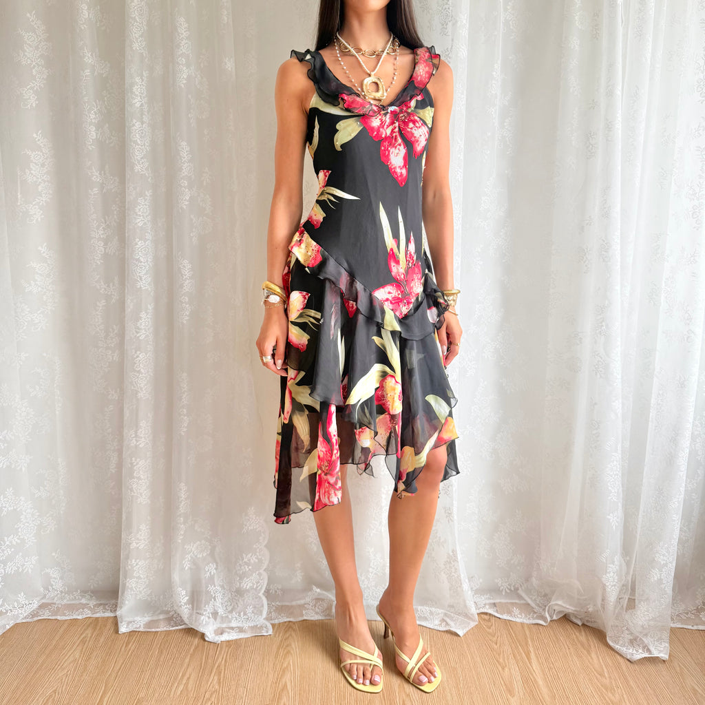 Silk Asymmetric Floral Midi Dress - Size M