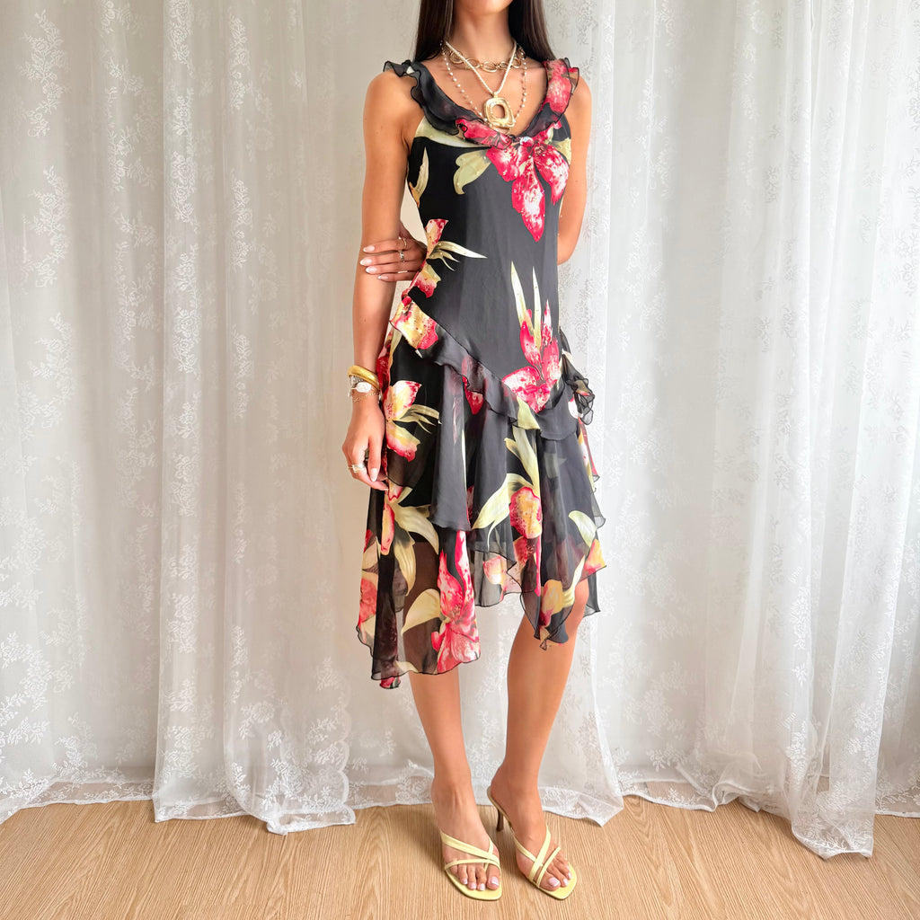 Silk Asymmetric Floral Midi Dress - Size M