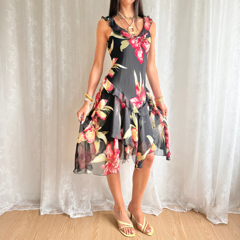 Silk Asymmetric Floral Midi Dress - Size M