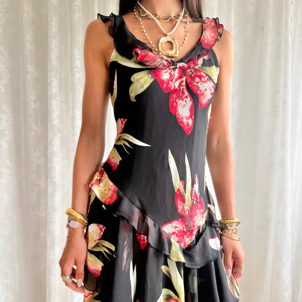 Silk Asymmetric Floral Midi Dress - Size M