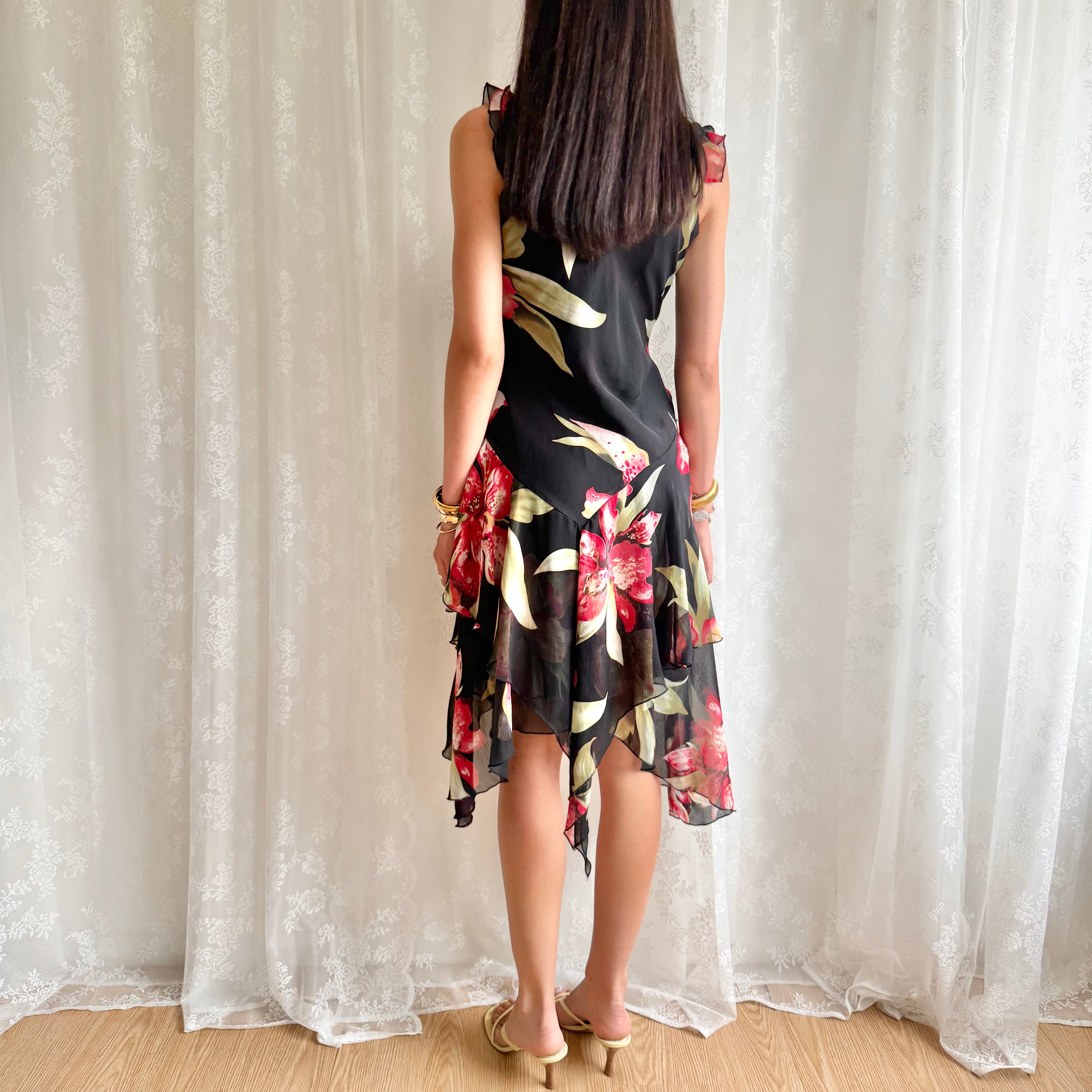 Silk Asymmetric Floral Midi Dress - Size M