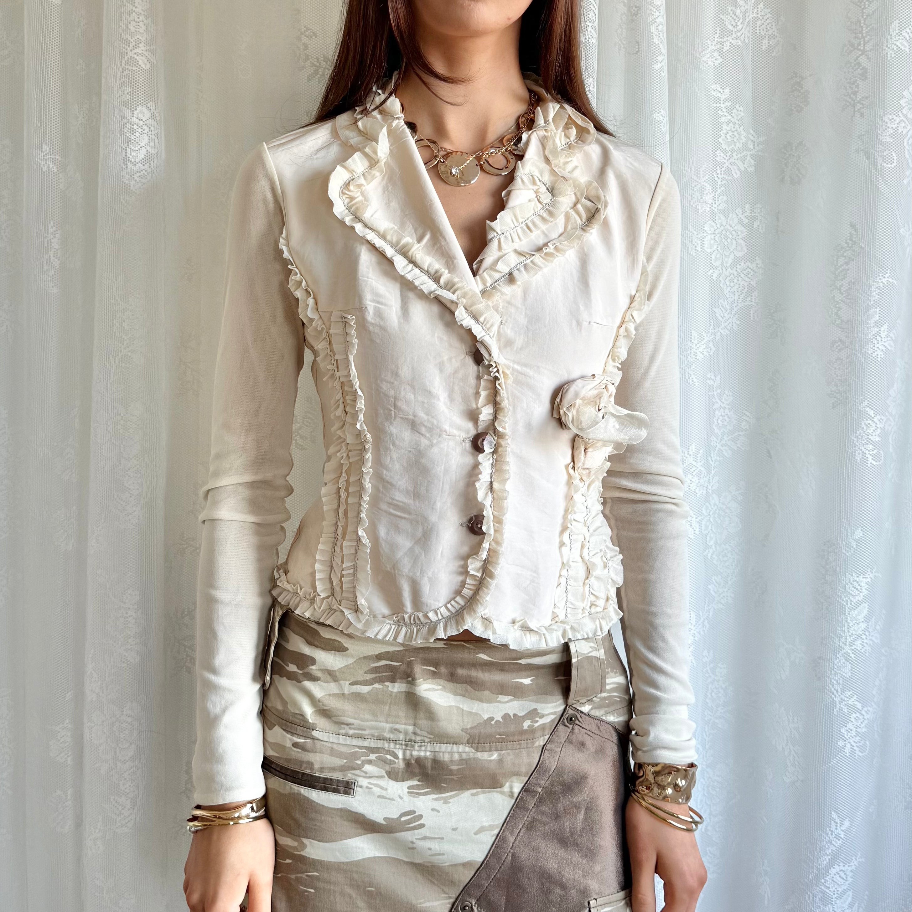Mesh Ruffle Button Shirt - Size S