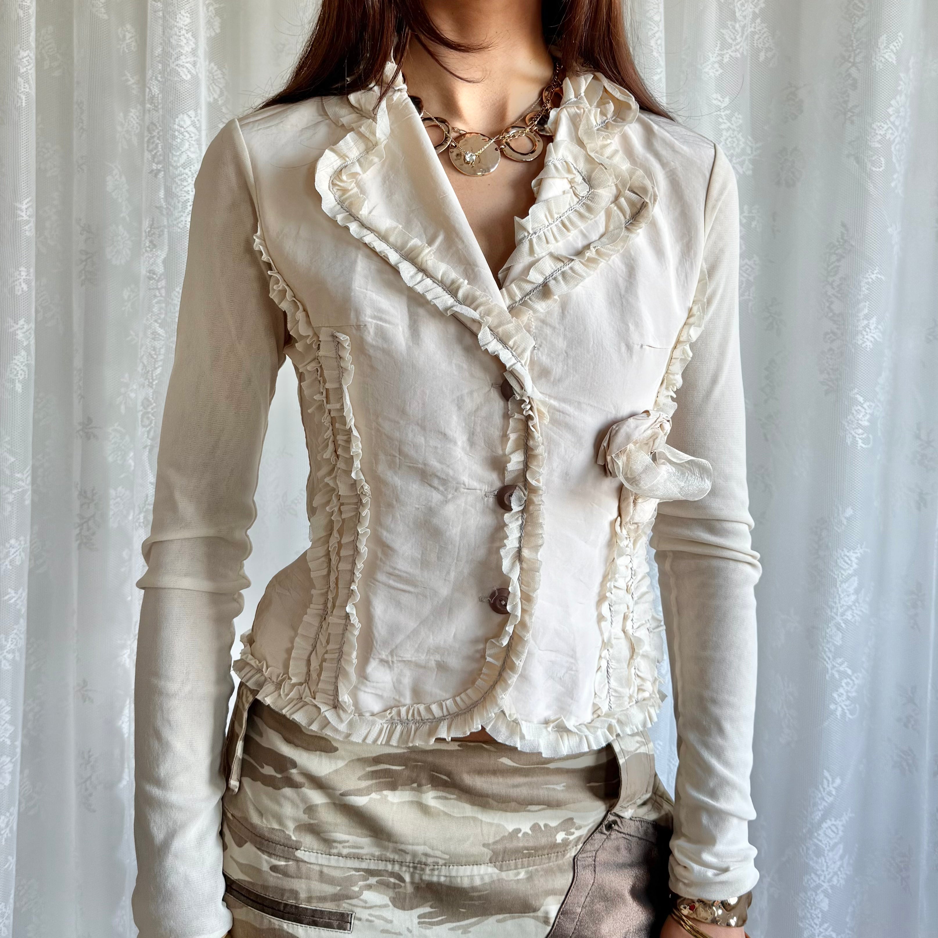 Mesh Ruffle Button Shirt - Size S
