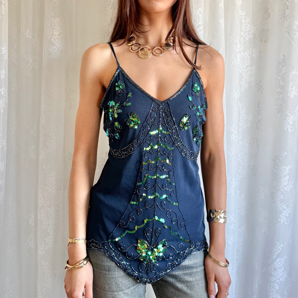 Asymmetric Sequin Mesh Cami - Size L