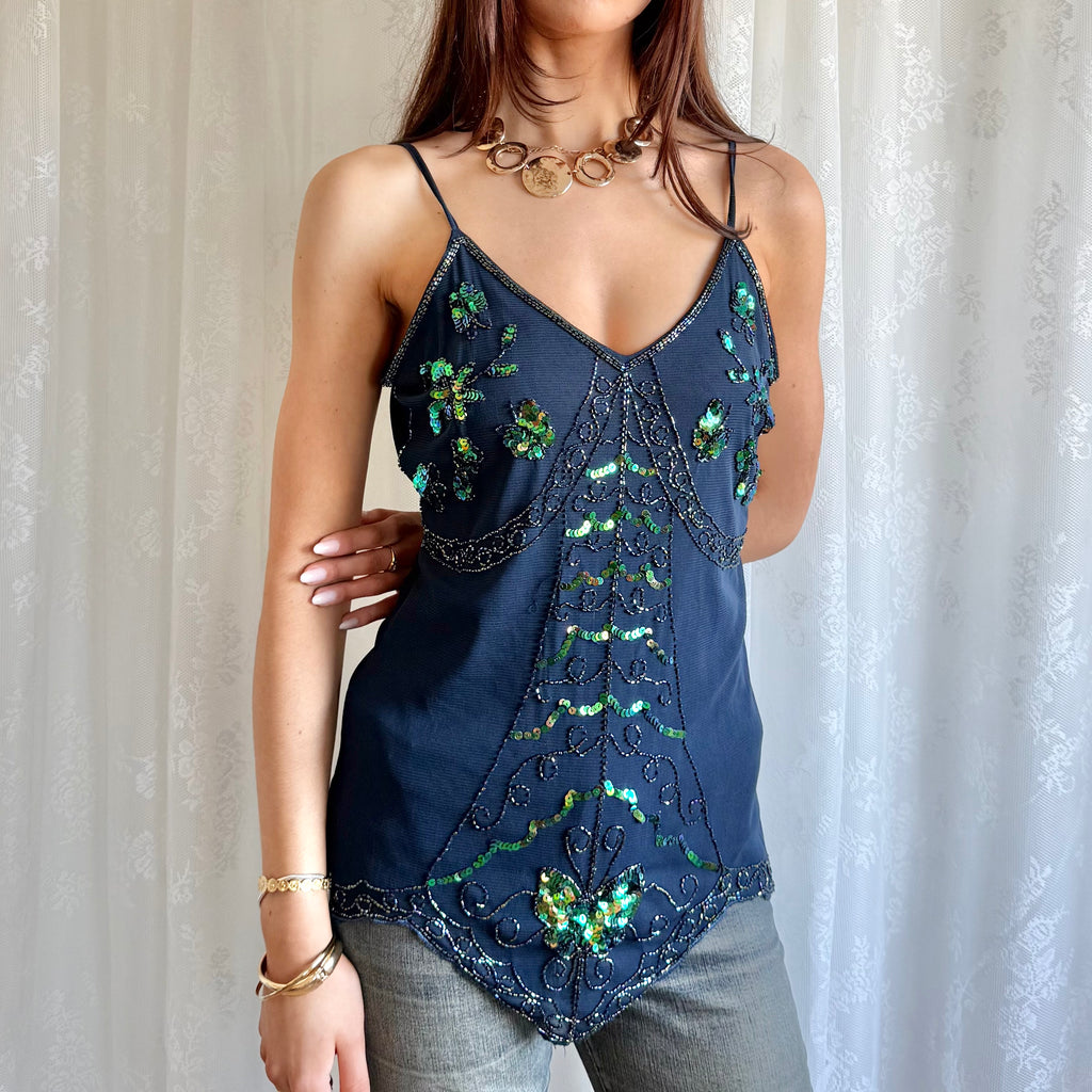 Asymmetric Sequin Mesh Cami - Size L