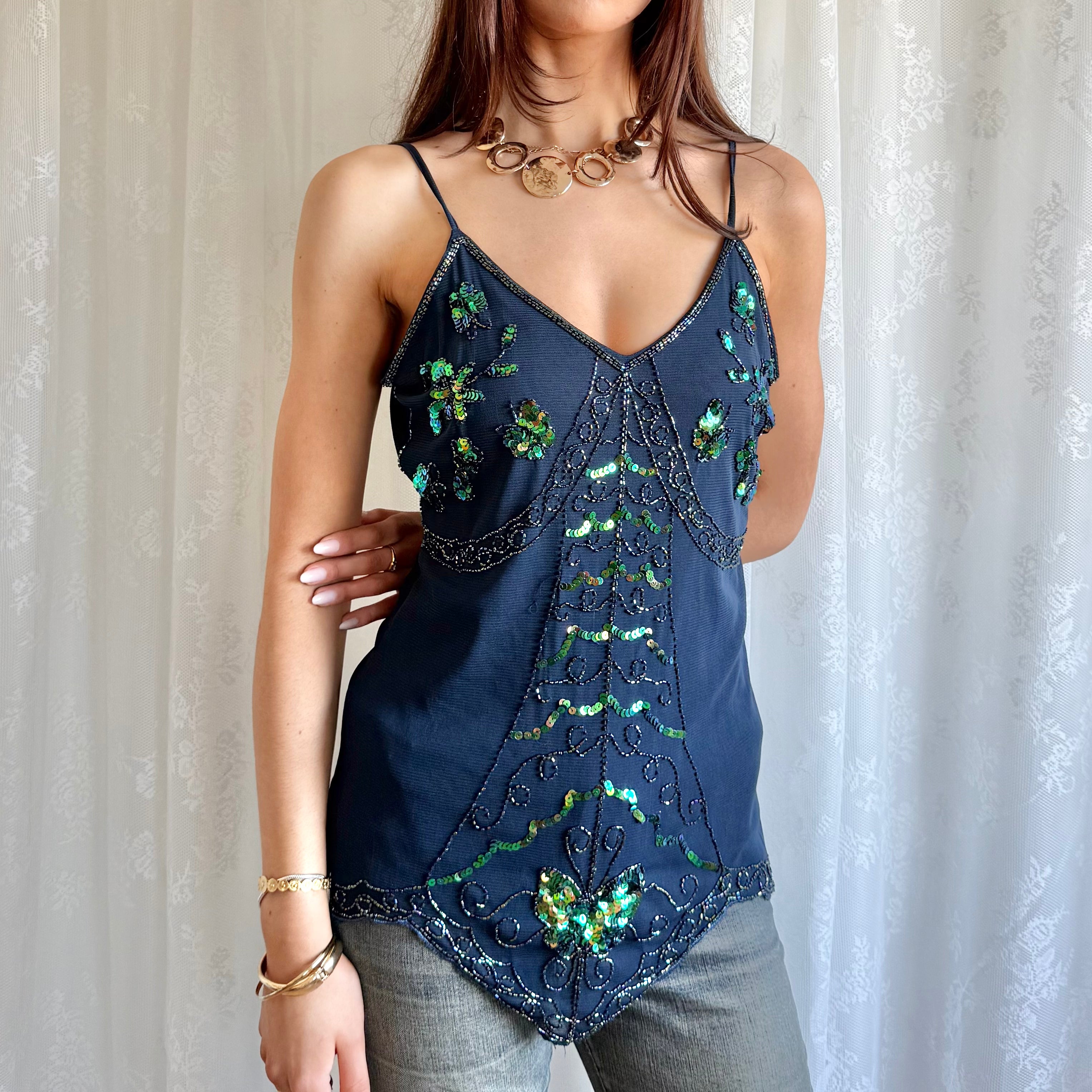 Asymmetric Sequin Mesh Cami - Size L