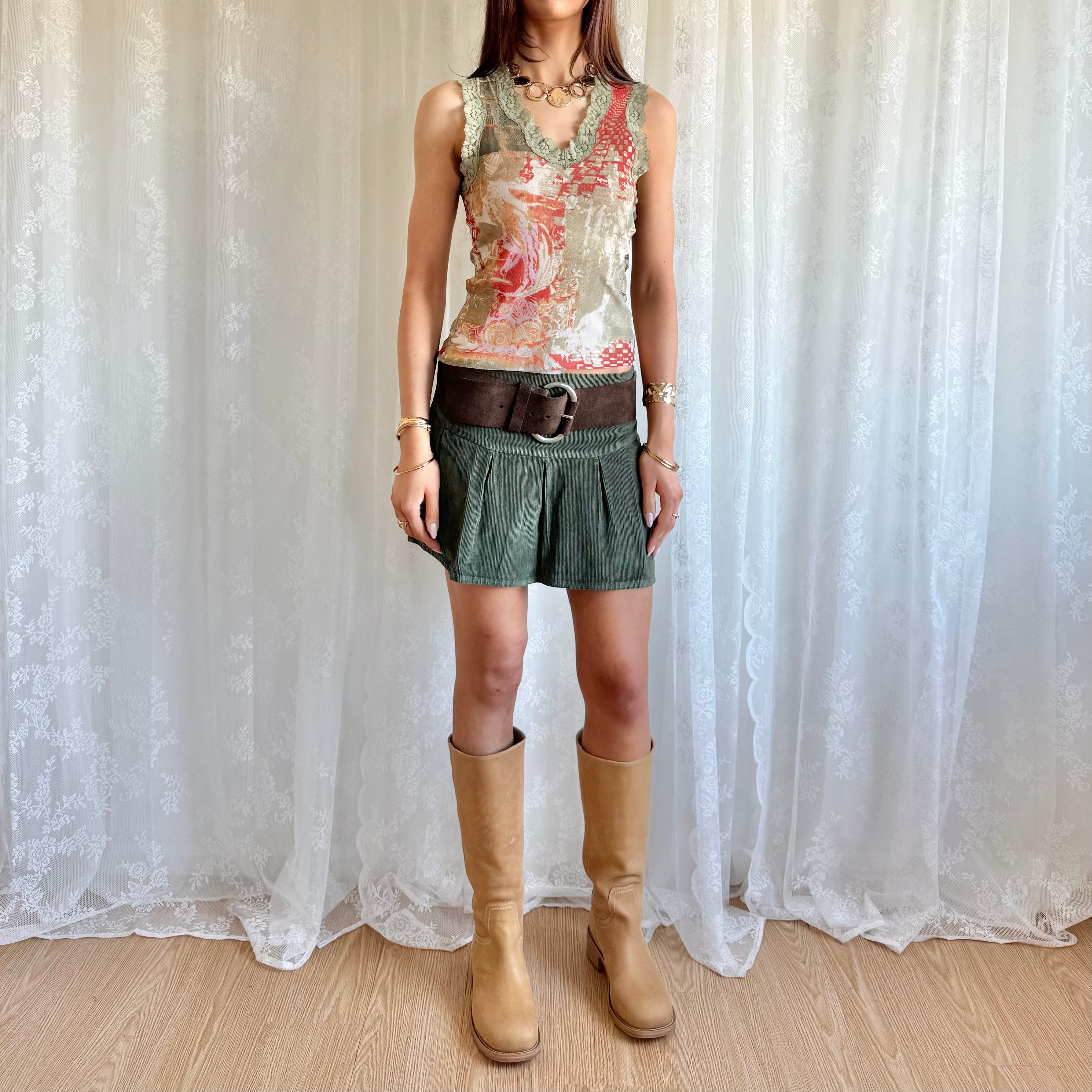 Corduroy Pleated Mini Skirt - Size M