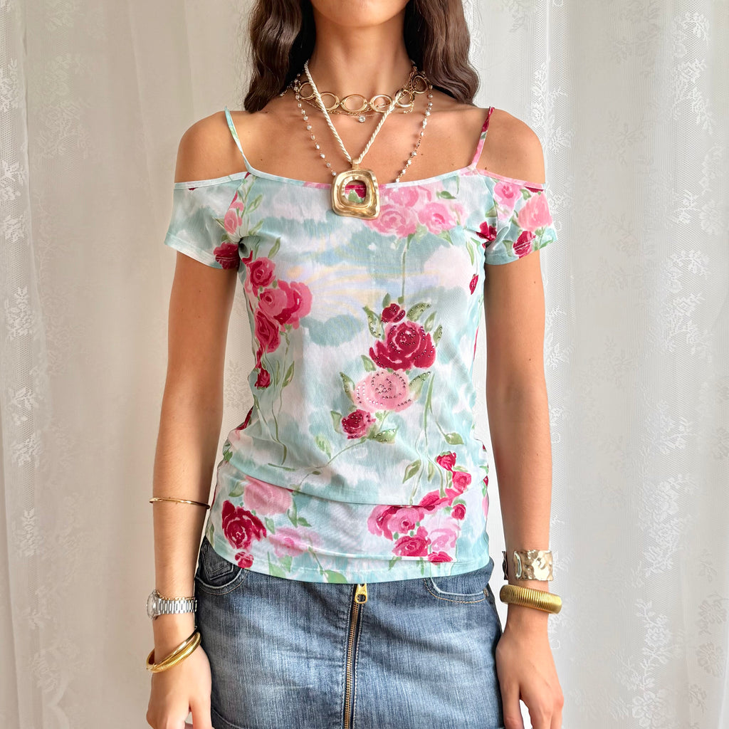 Blumarine Floral Mesh Crop Top - Size L