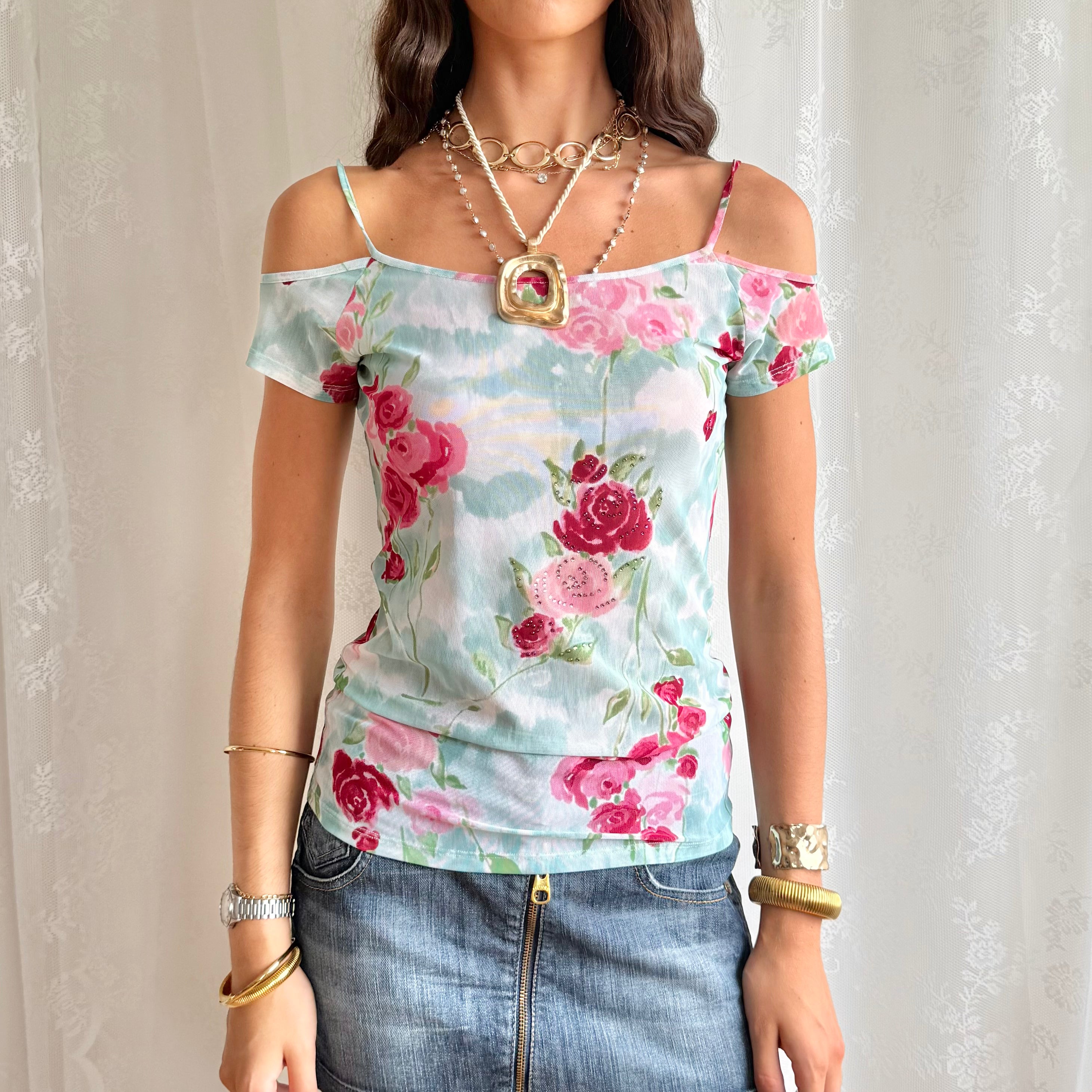 Blumarine Floral Mesh Crop Top - Size L