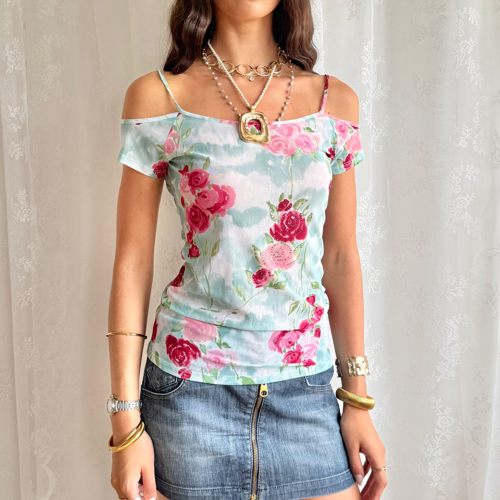 Blumarine Floral Mesh Crop Top - Size L