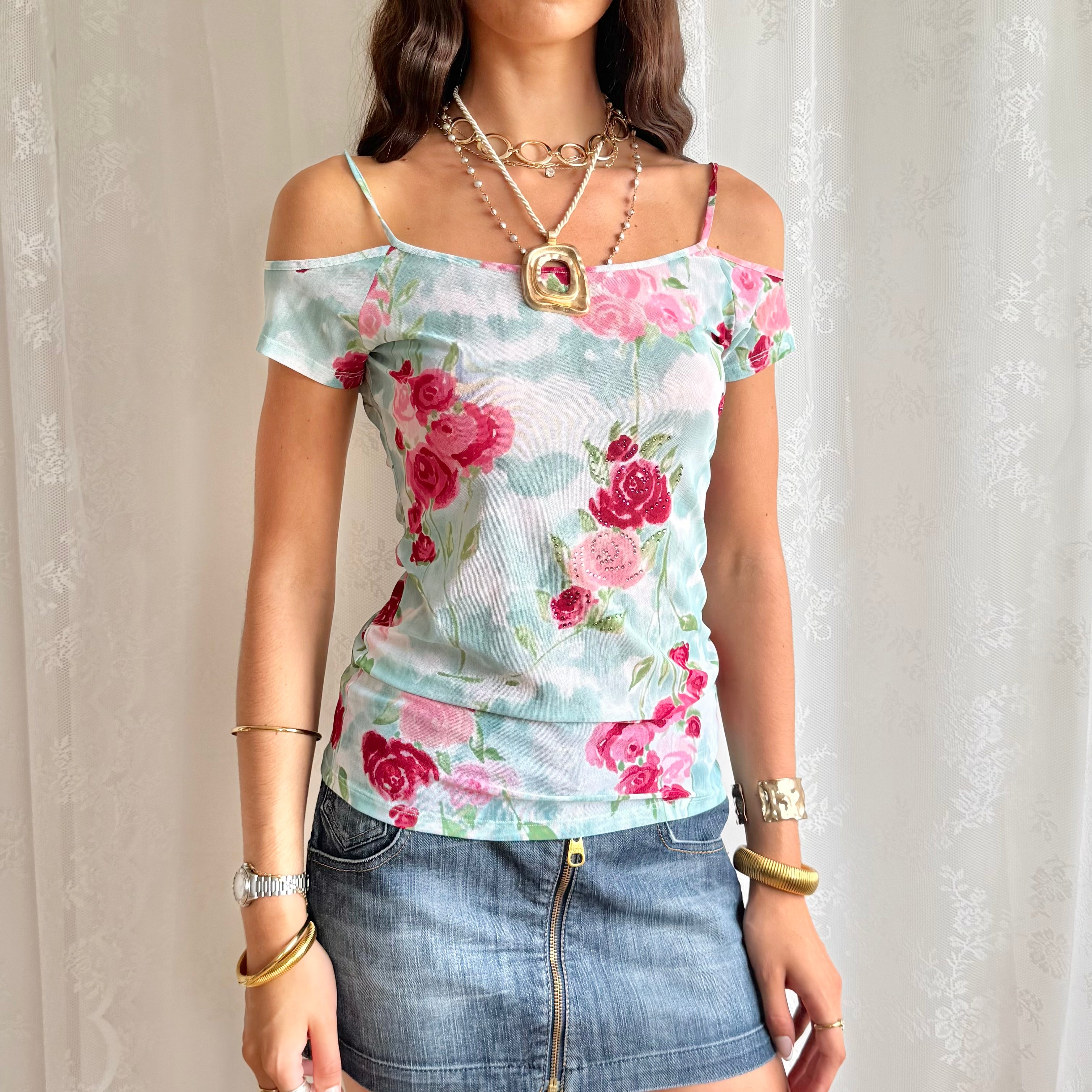 Blumarine Floral Mesh Crop Top - Size L
