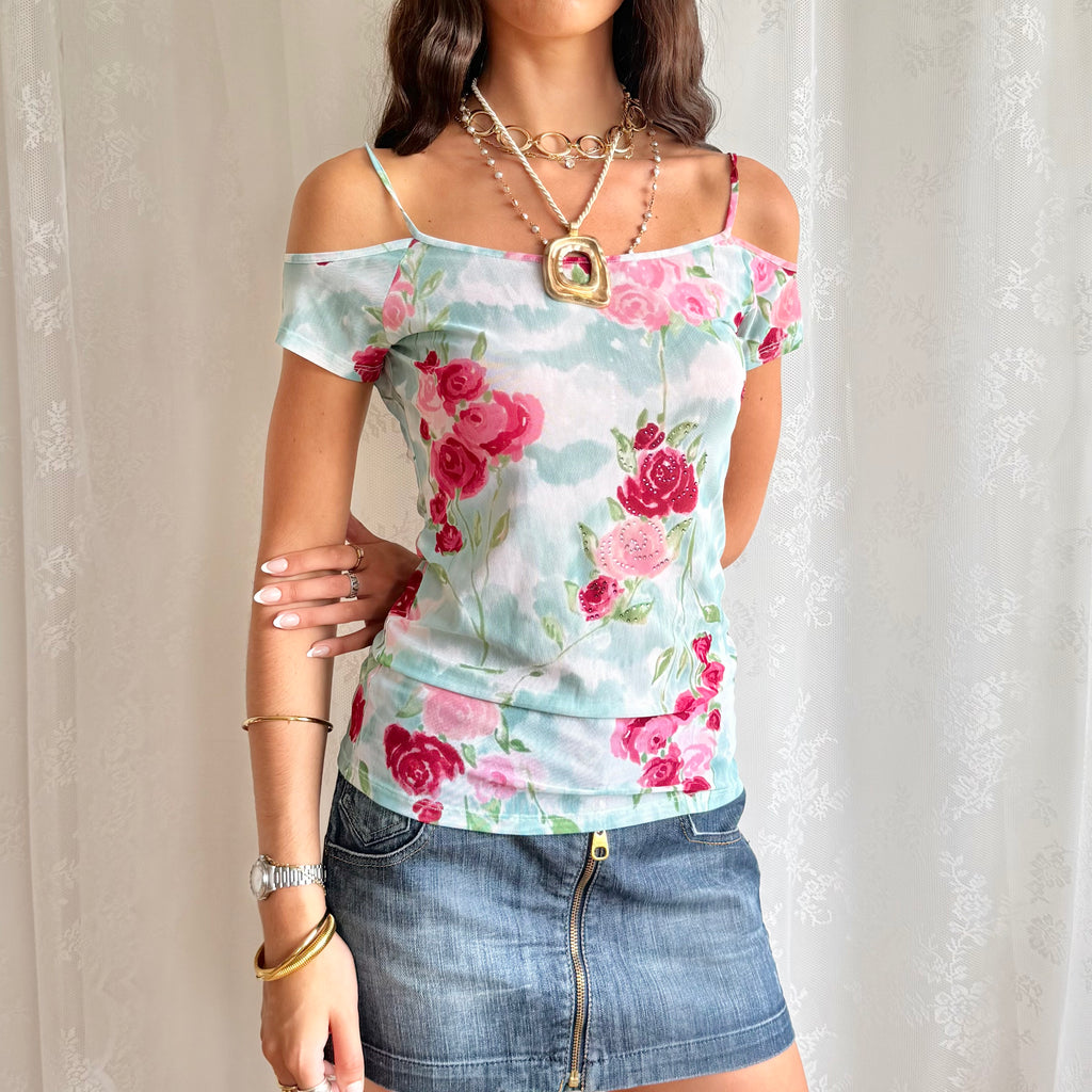 Blumarine Floral Mesh Crop Top - Size L
