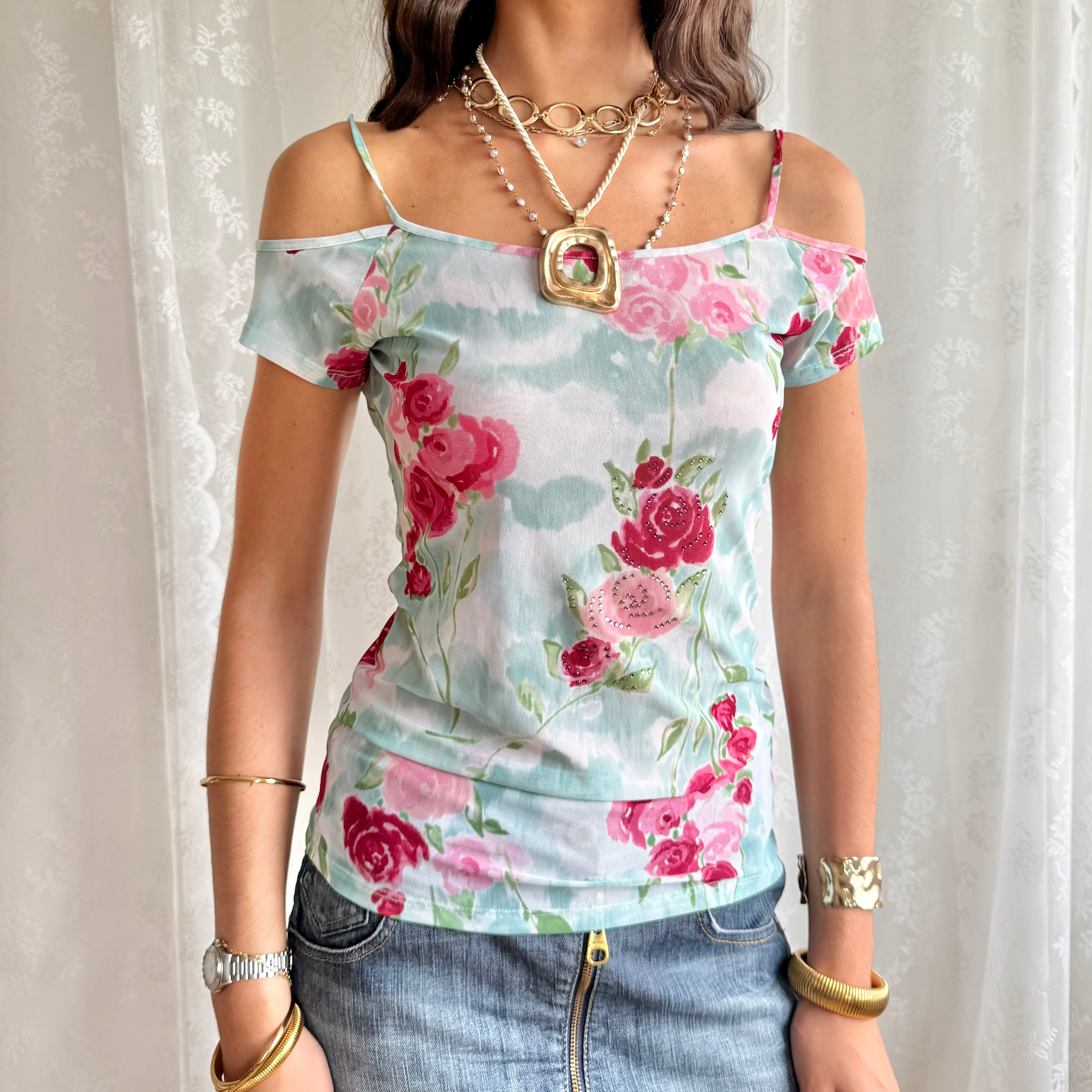 Blumarine Floral Mesh Crop Top - Size L