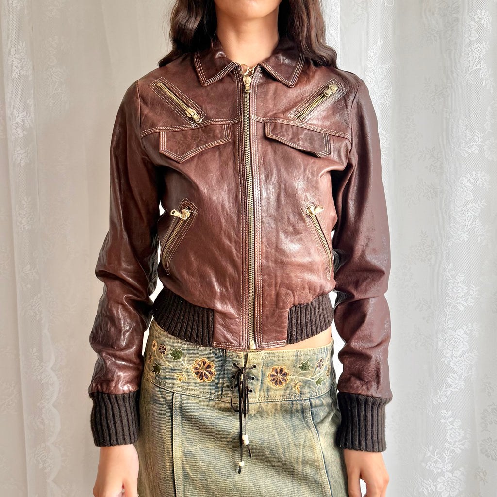 Genuine Leather Zip Jacket - Size M