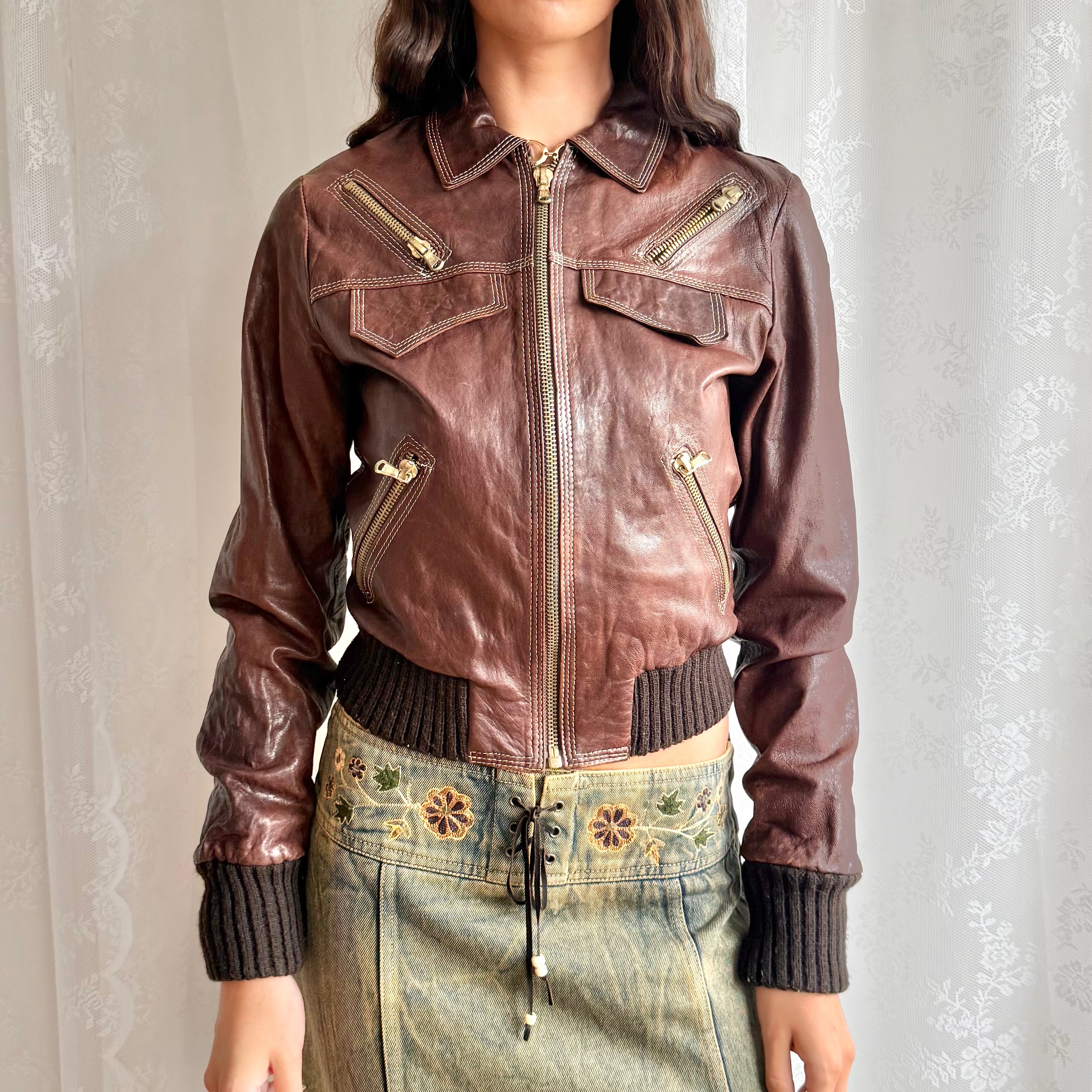 Genuine Leather Zip Jacket - Size M