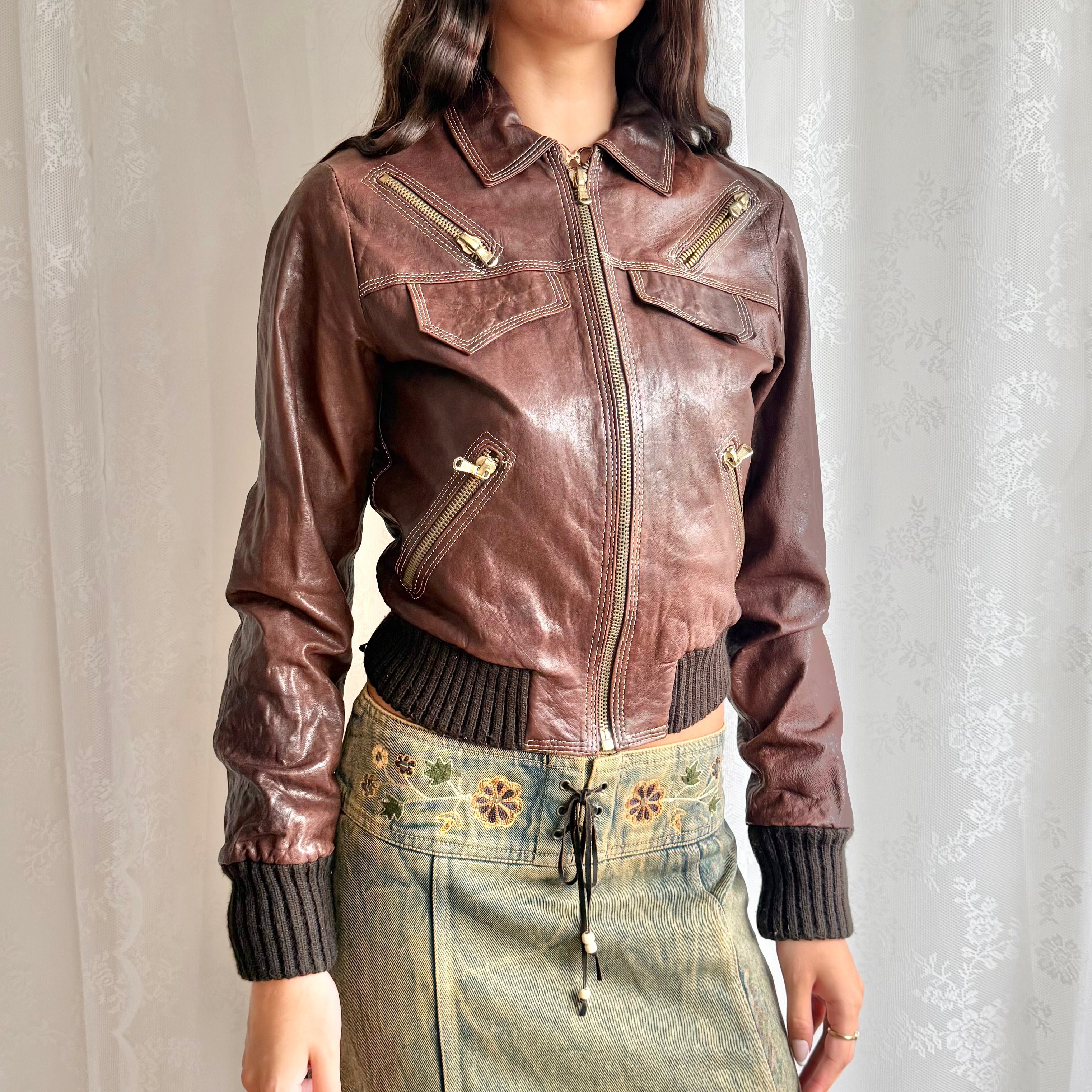Genuine Leather Zip Jacket - Size M