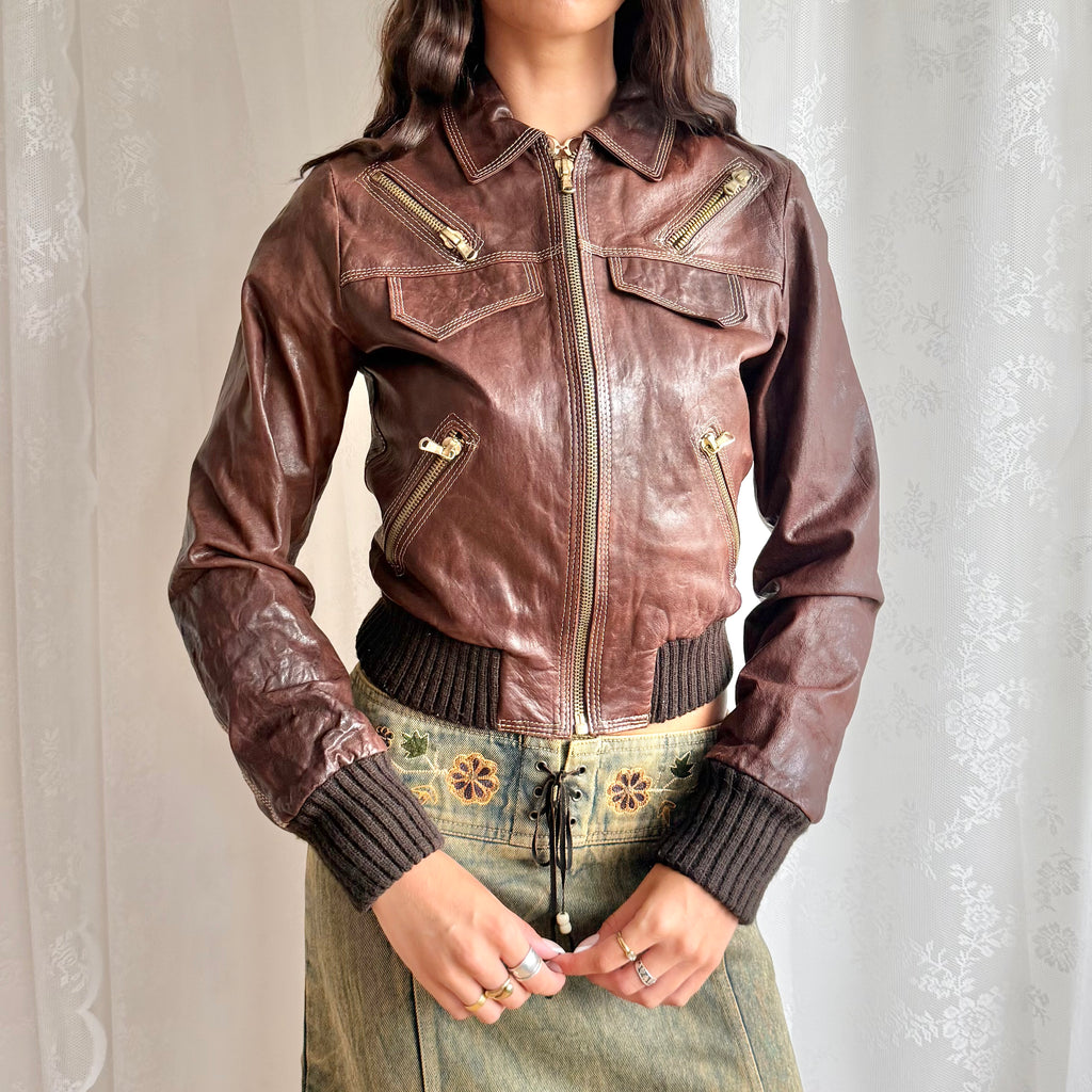 Genuine Leather Zip Jacket - Size M