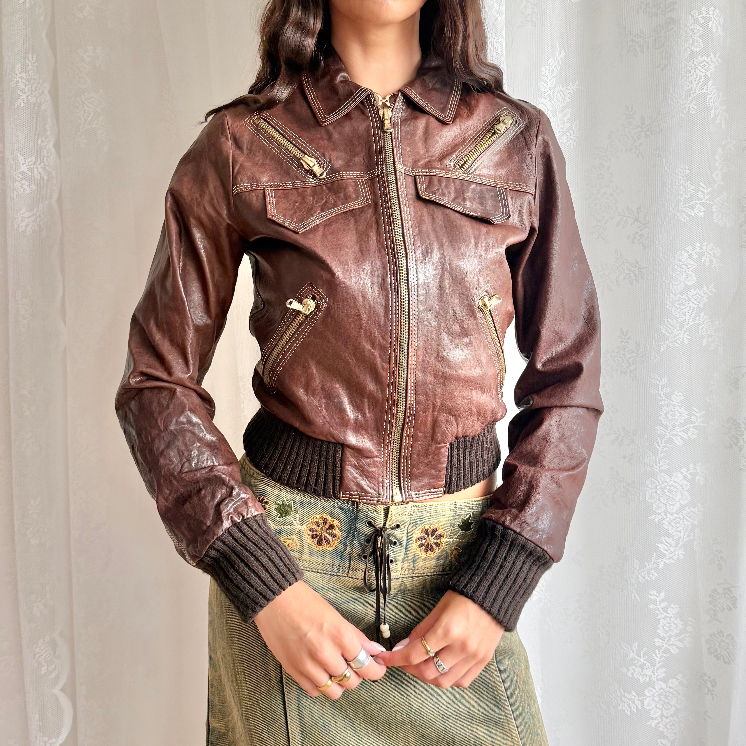 Genuine Leather Zip Jacket - Size M