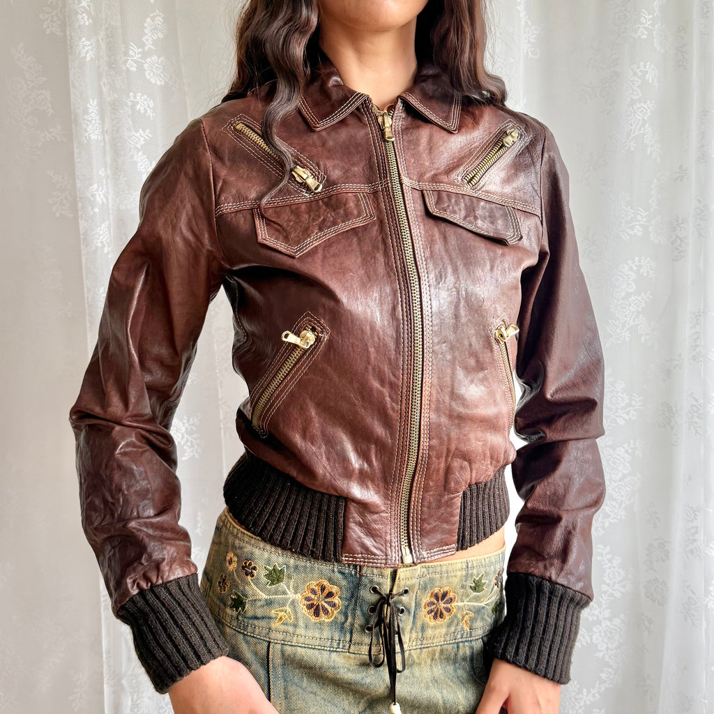 Genuine Leather Zip Jacket - Size M