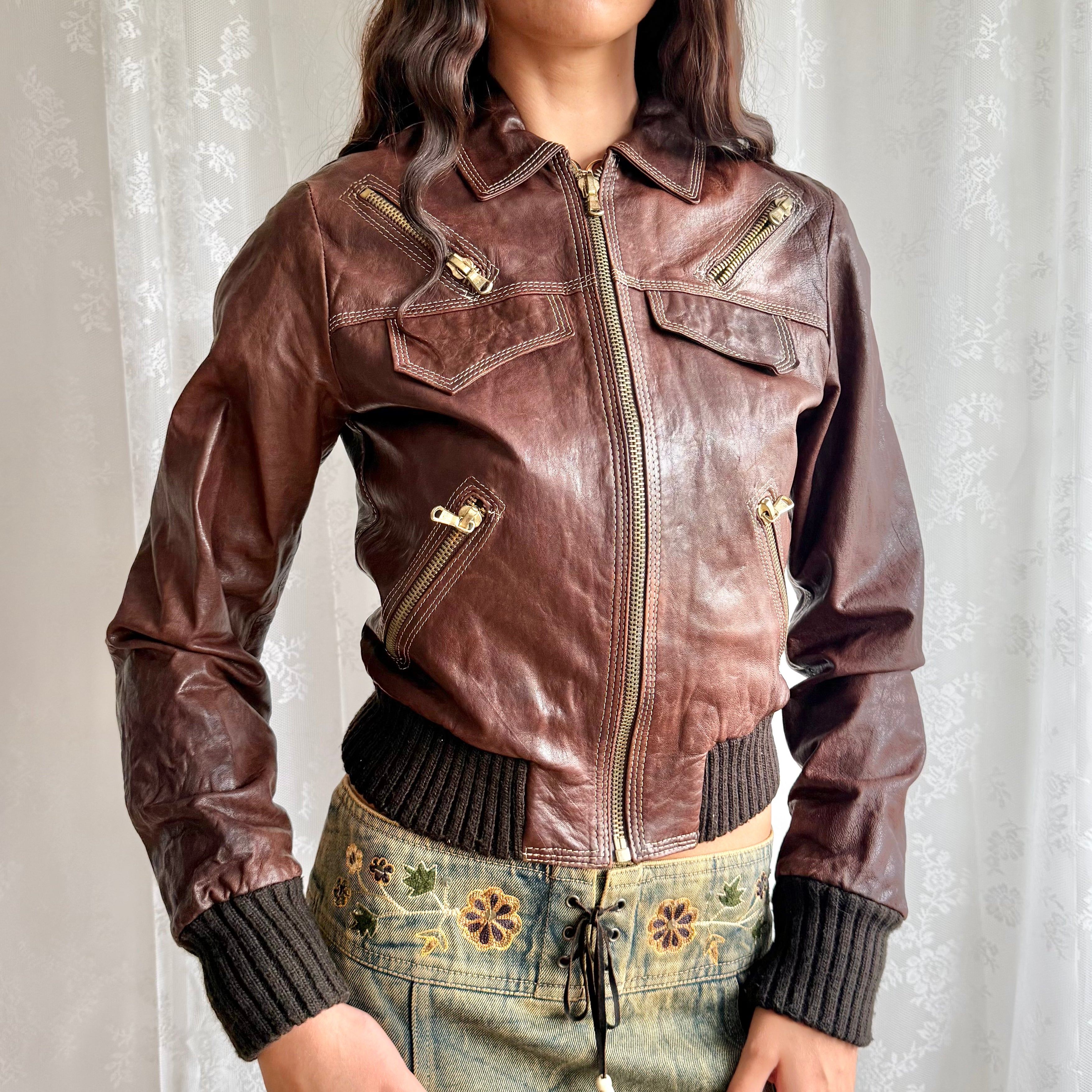 Genuine Leather Zip Jacket - Size M