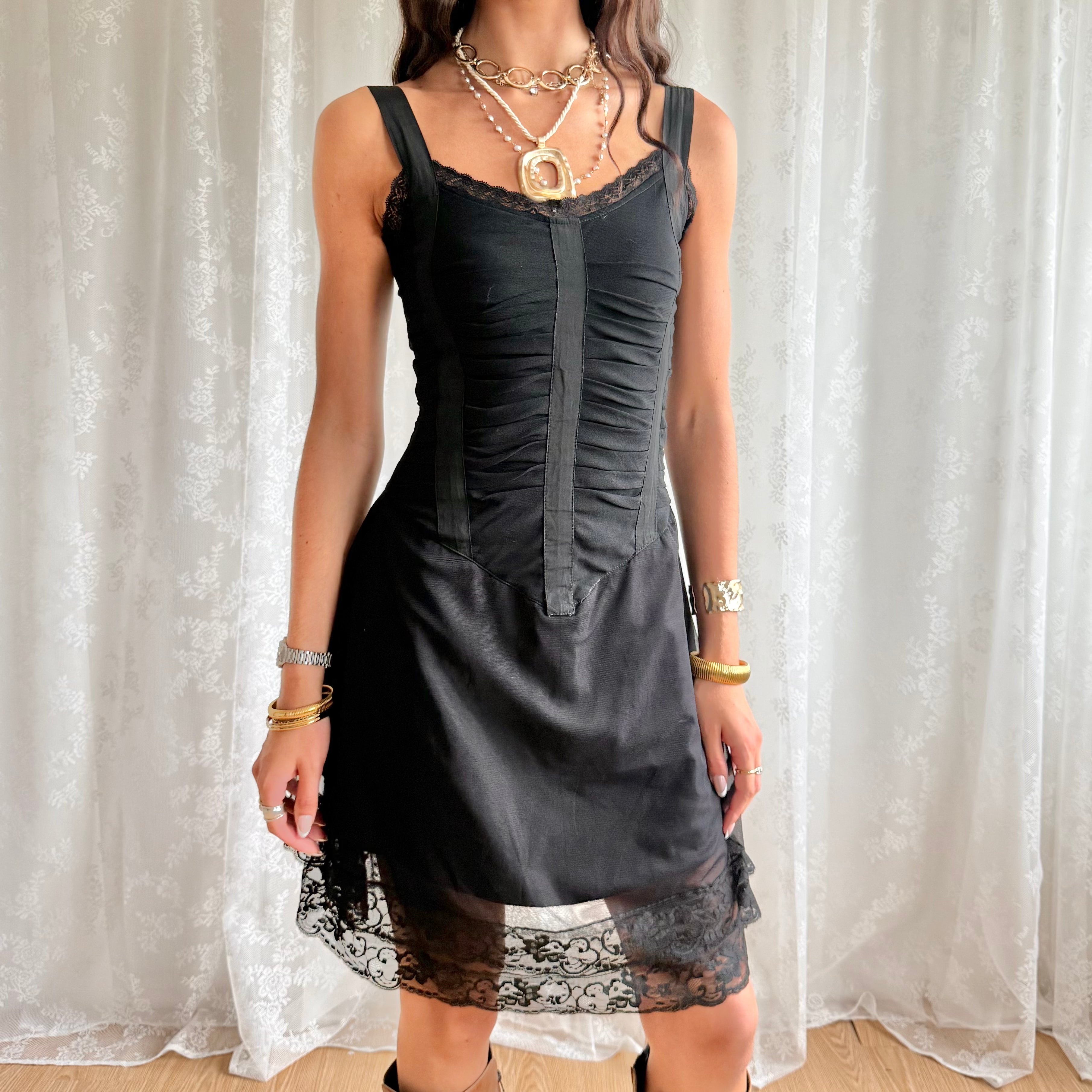 Ruched Lace Mini Dress - Size M
