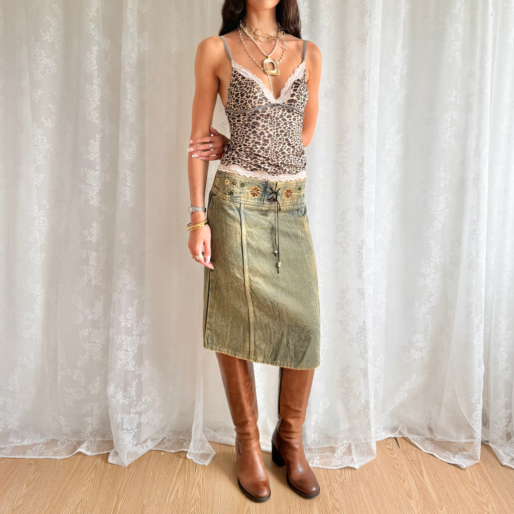 Denim Lace Up Midi Skirt - Size S