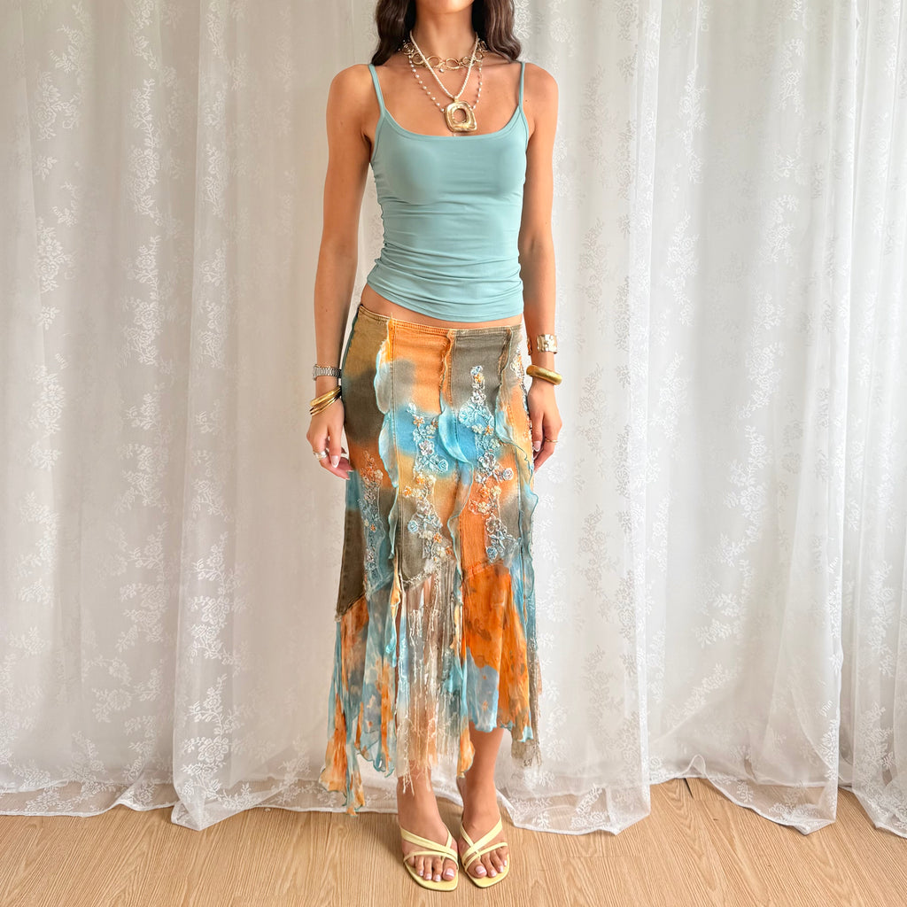 Denim Sequin Asymmetric Midi Skirt - Size S