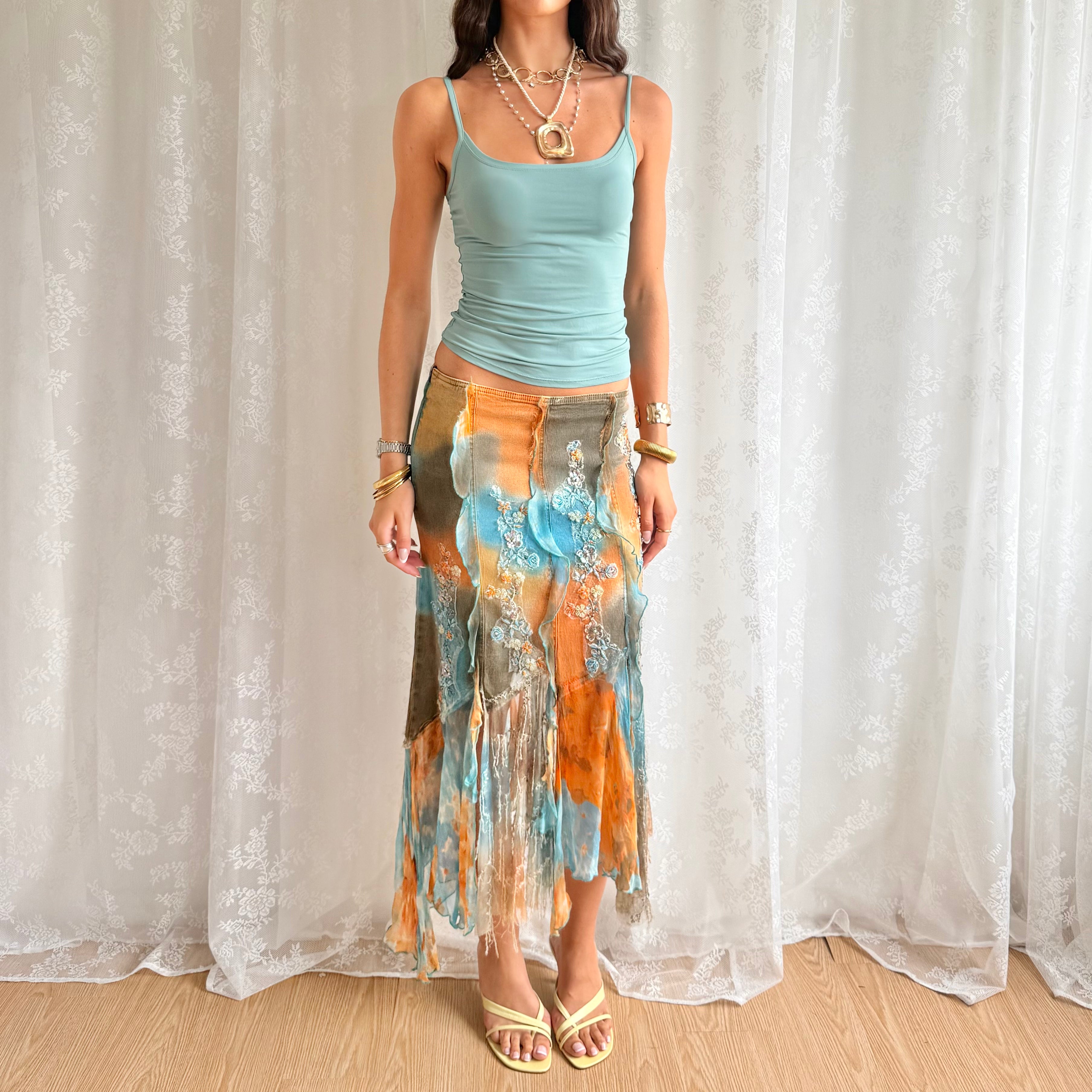 Denim Sequin Asymmetric Midi Skirt - Size S