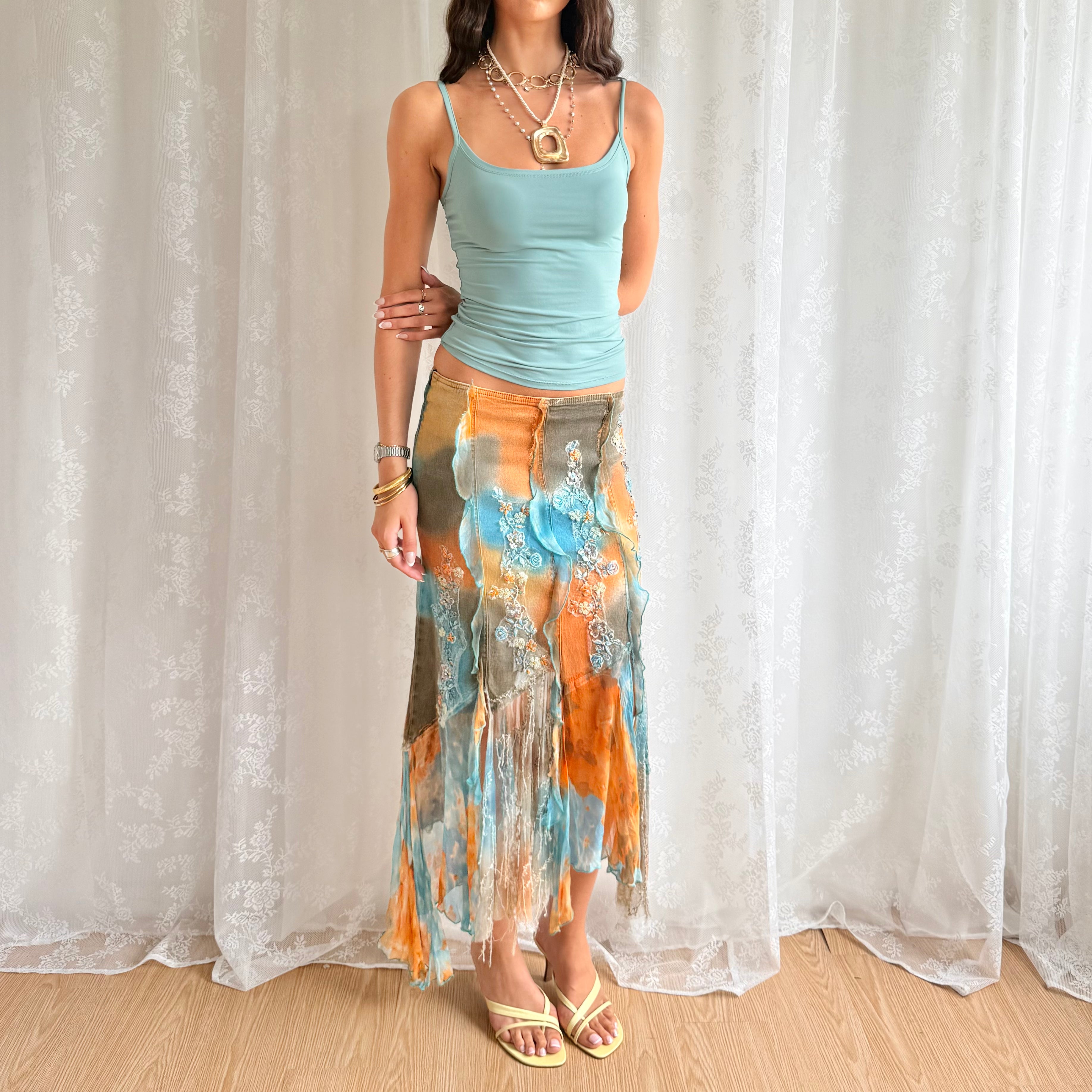 Denim Sequin Asymmetric Midi Skirt - Size S