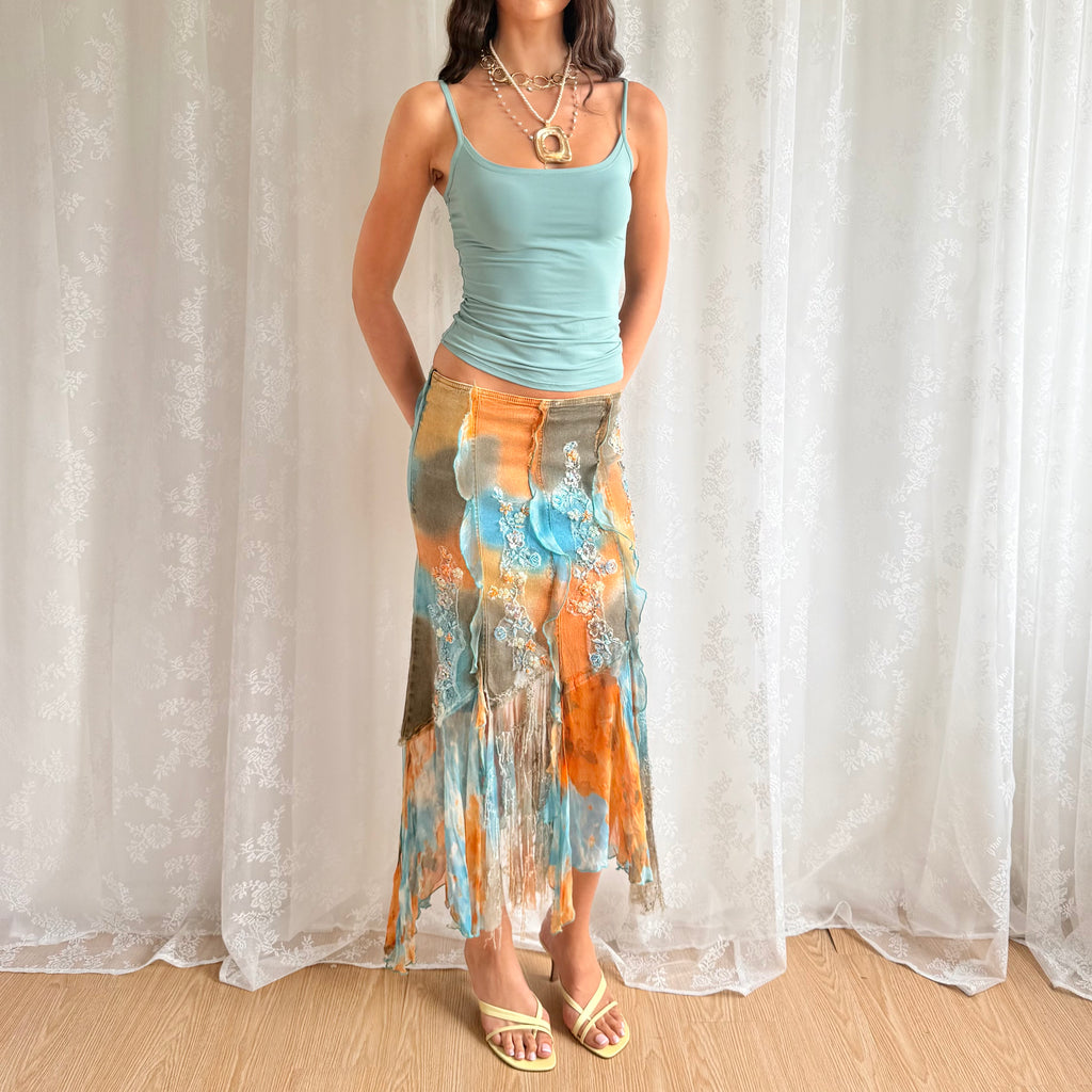 Denim Sequin Asymmetric Midi Skirt - Size S