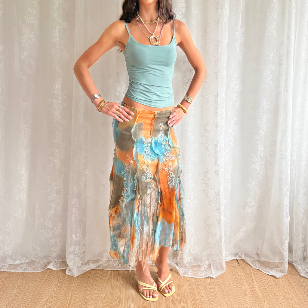 Denim Sequin Asymmetric Midi Skirt - Size S