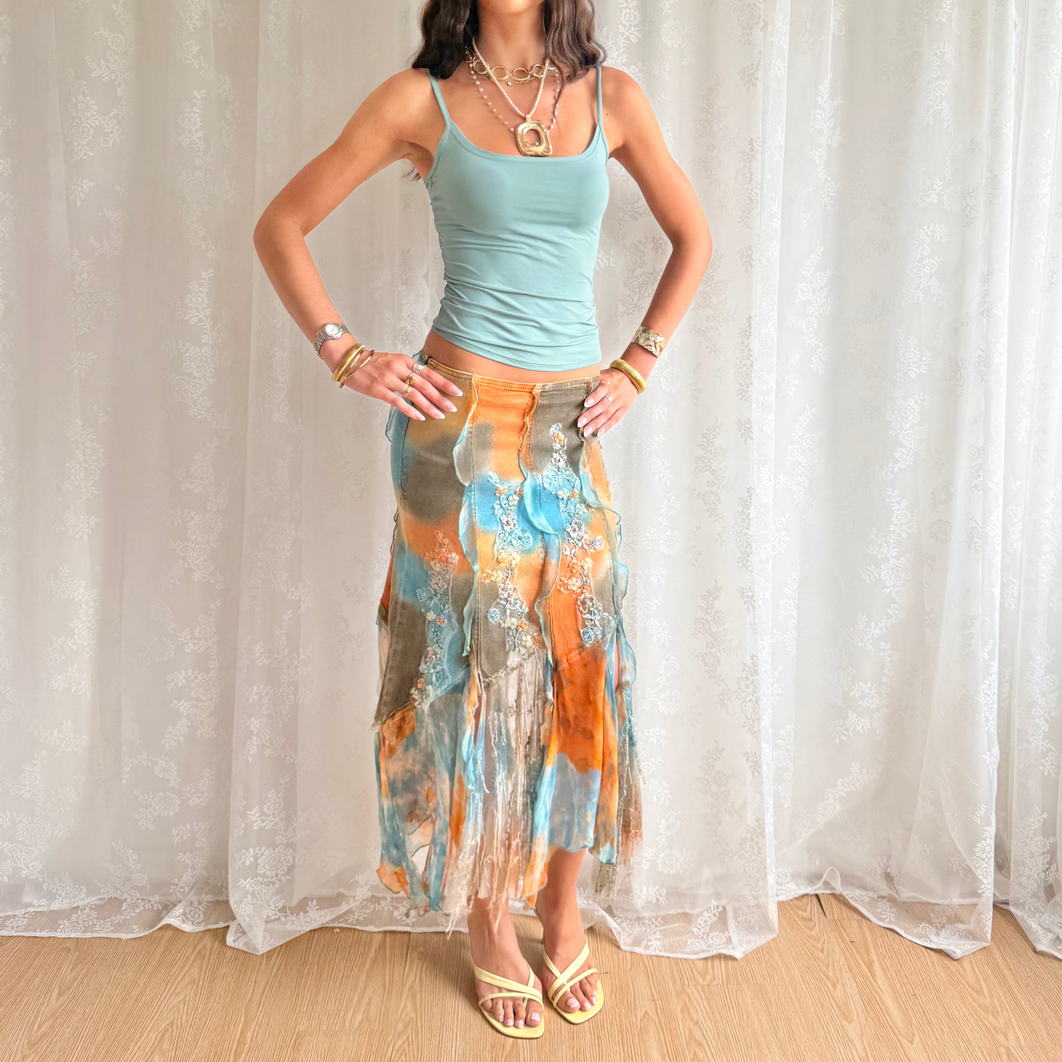 Denim Sequin Asymmetric Midi Skirt - Size S