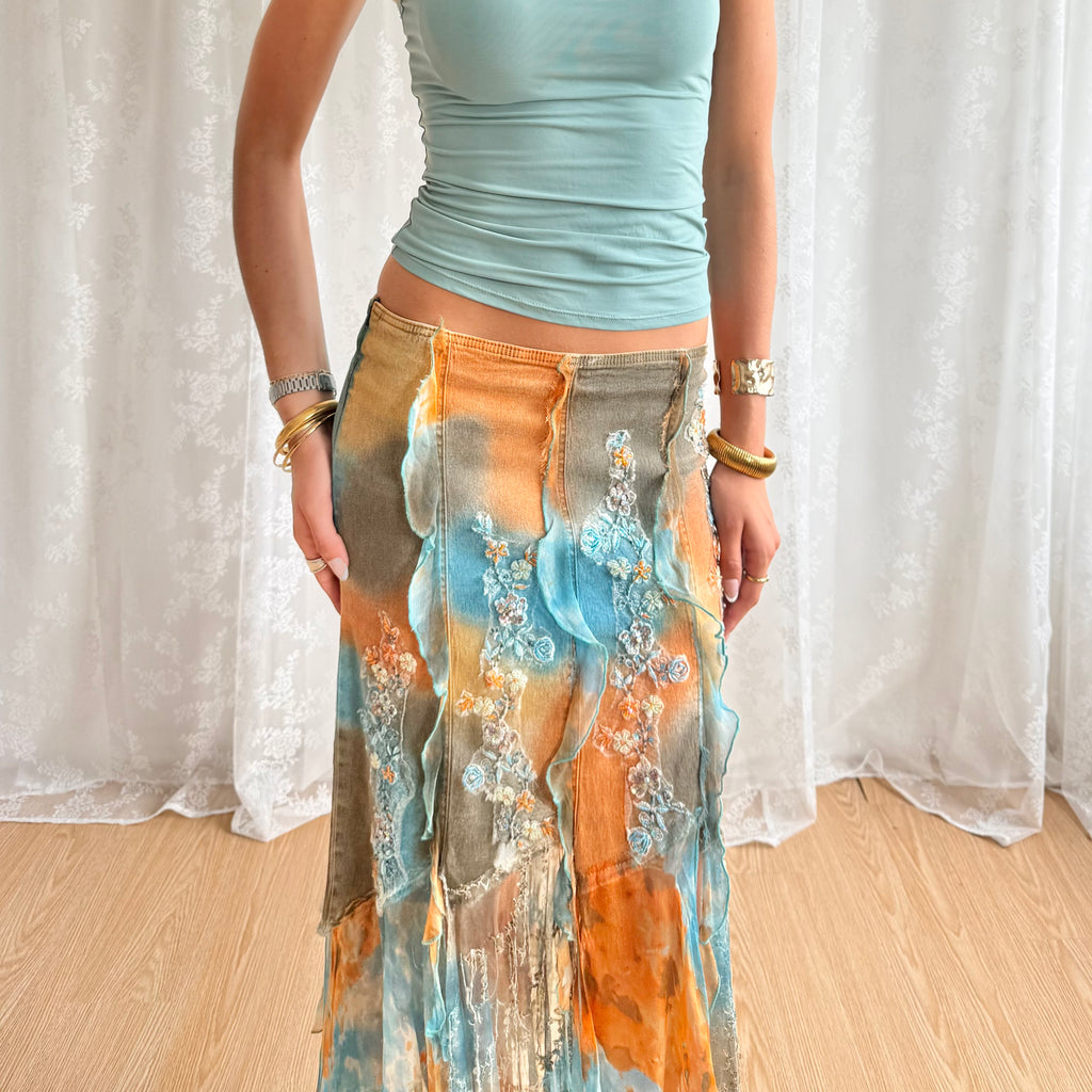 Denim Sequin Asymmetric Midi Skirt - Size S