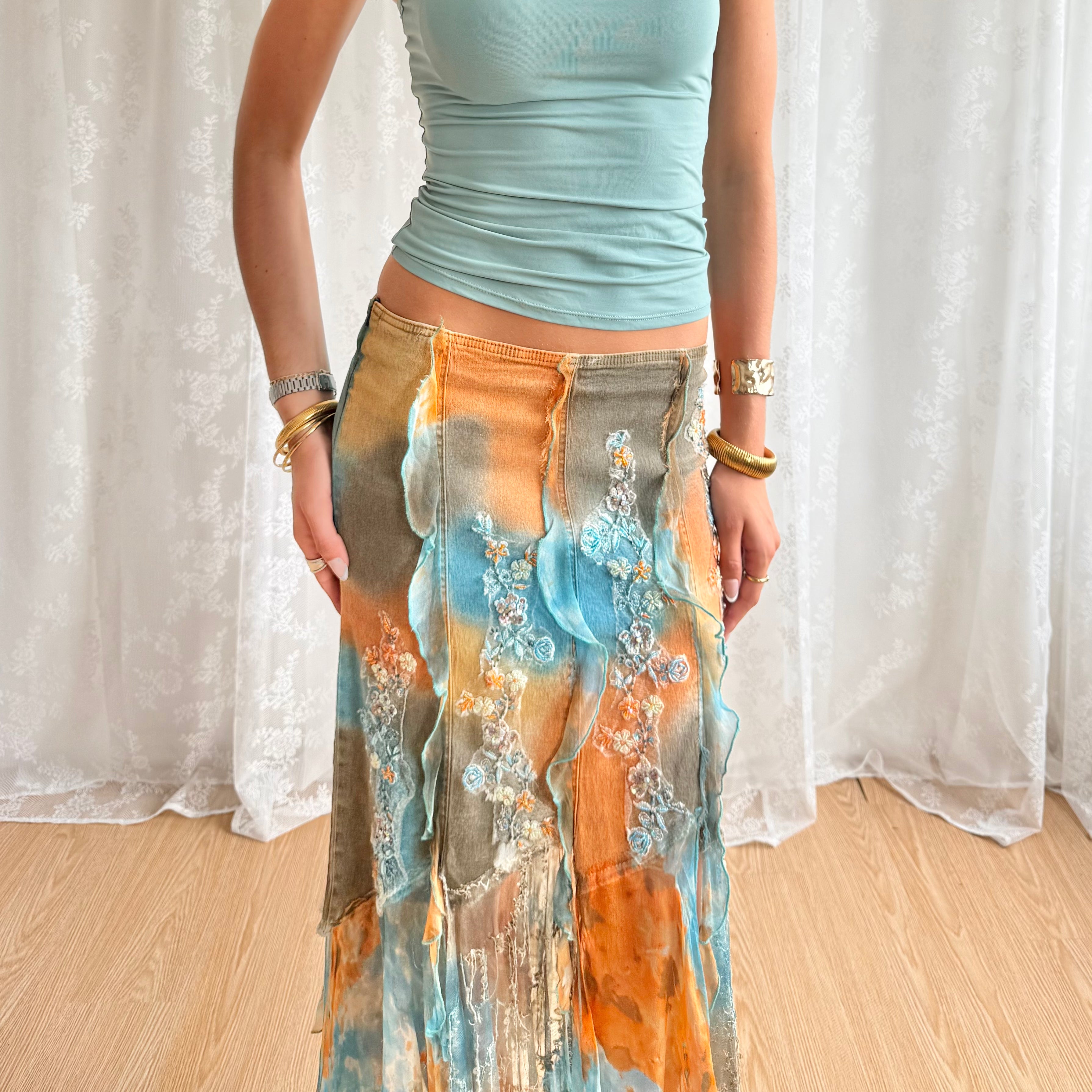 Denim Sequin Asymmetric Midi Skirt - Size S