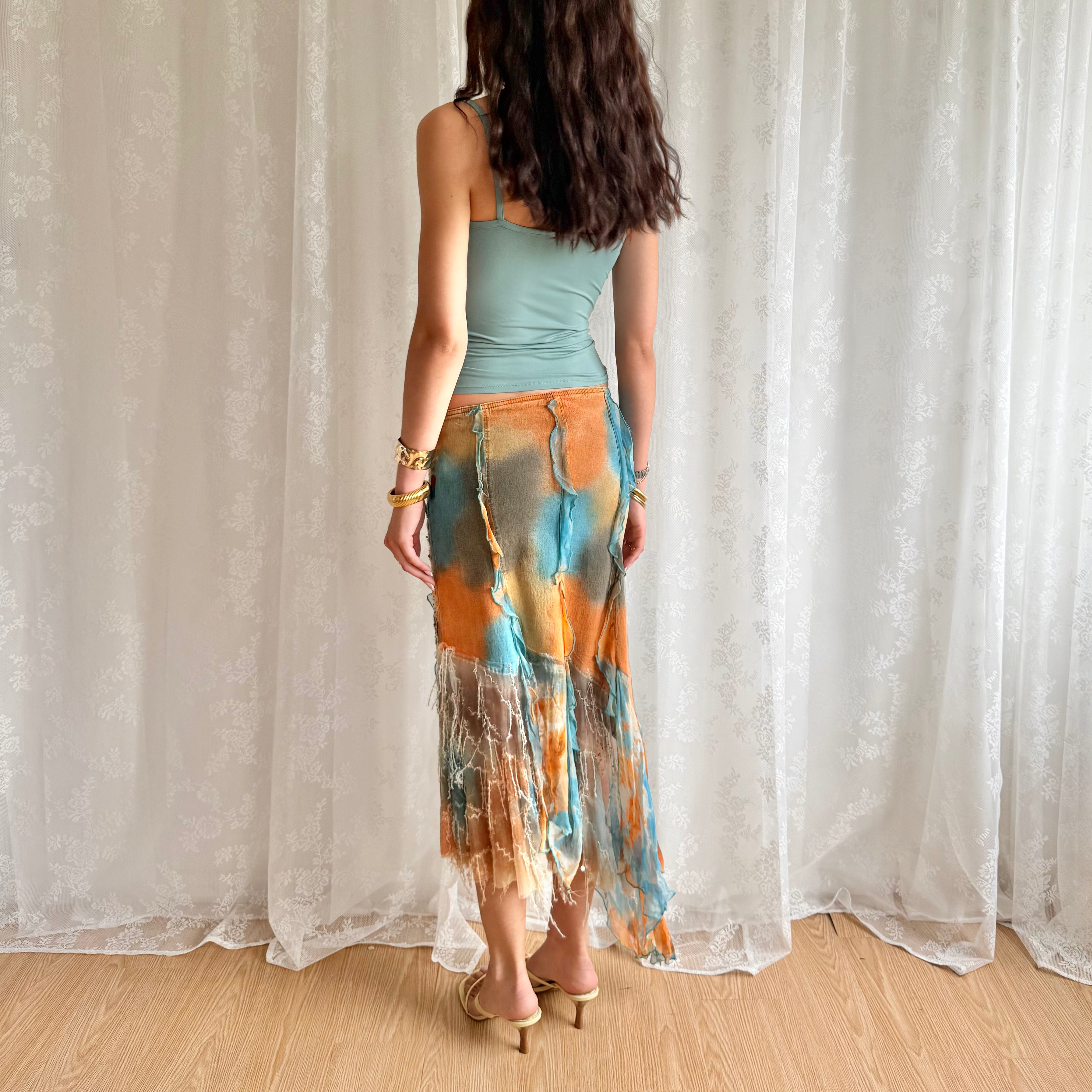 Denim Sequin Asymmetric Midi Skirt - Size S