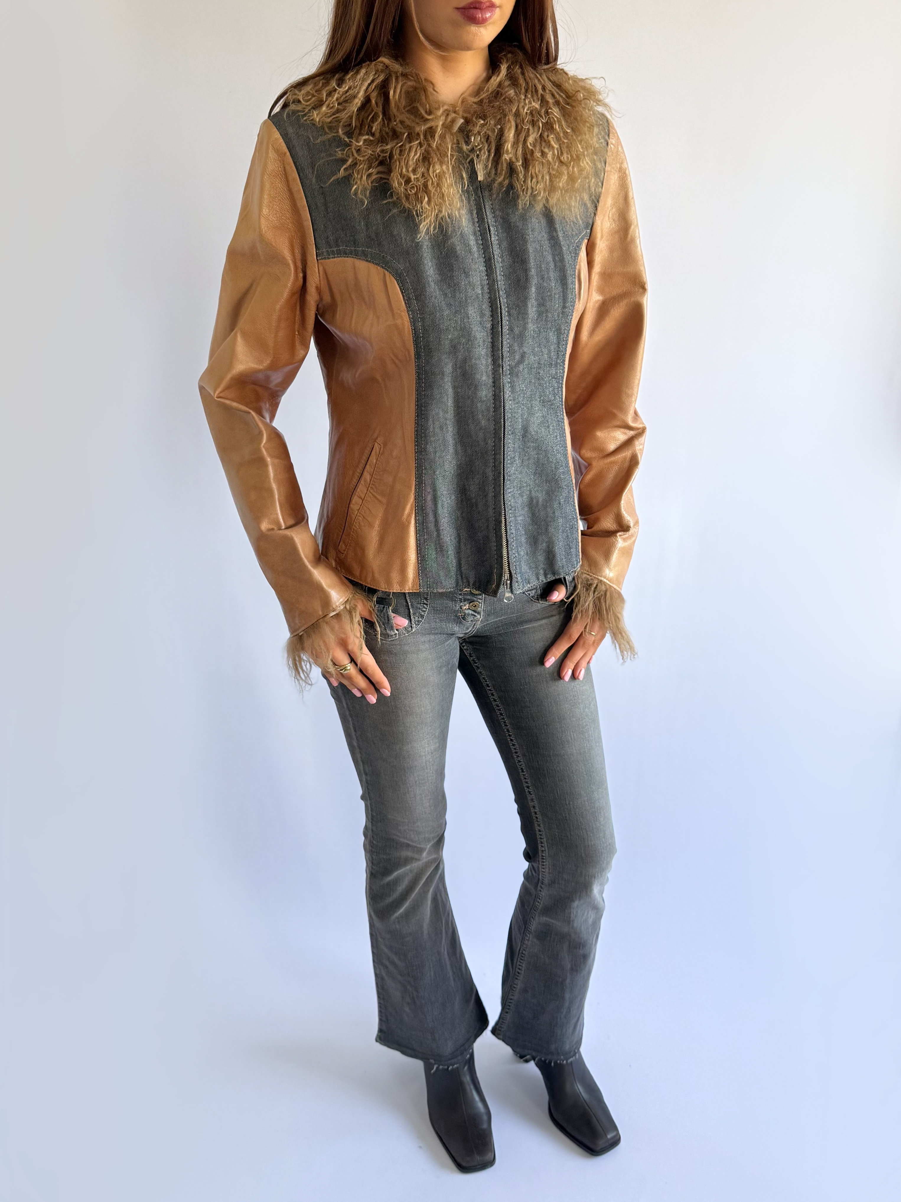 Genuine Leather & Denim Fur  Jacket - Size XL