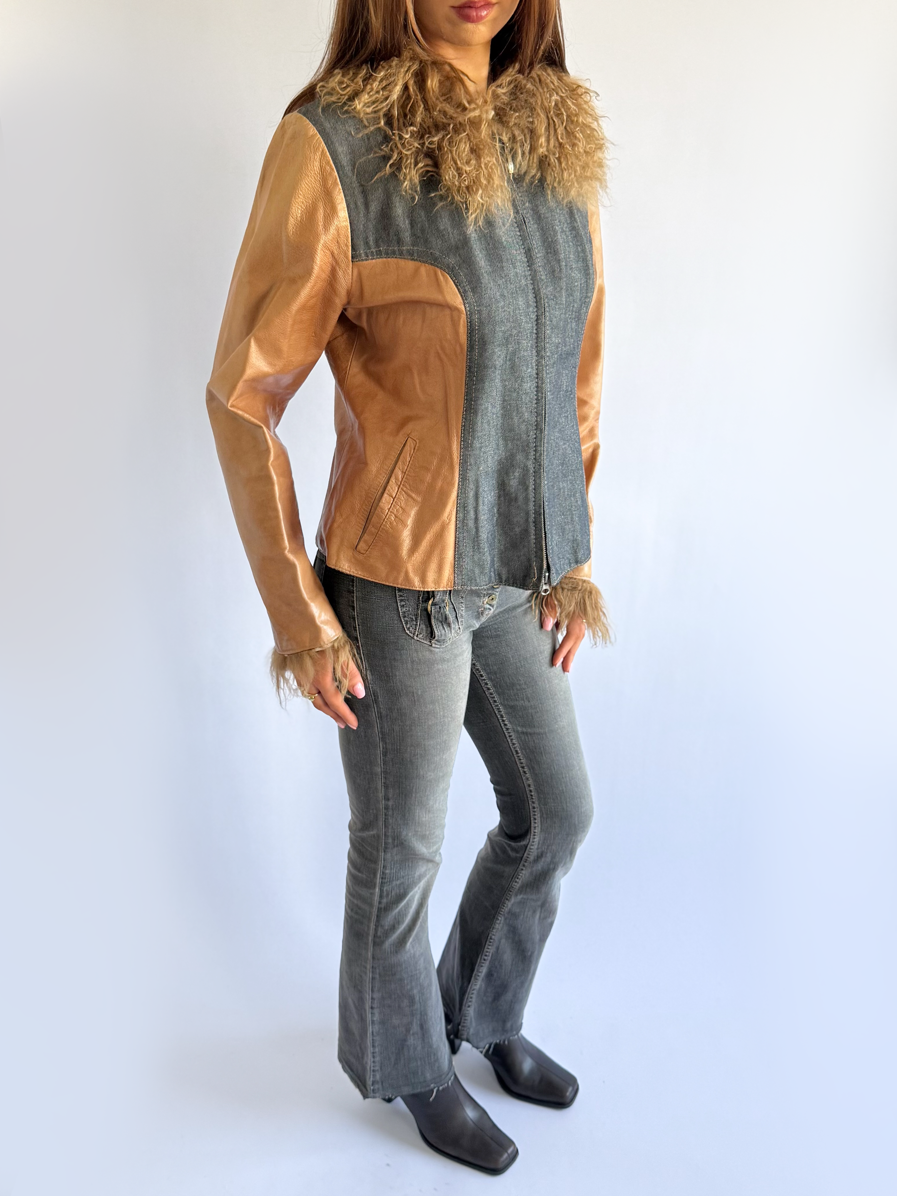 Genuine Leather & Denim Fur  Jacket - Size XL