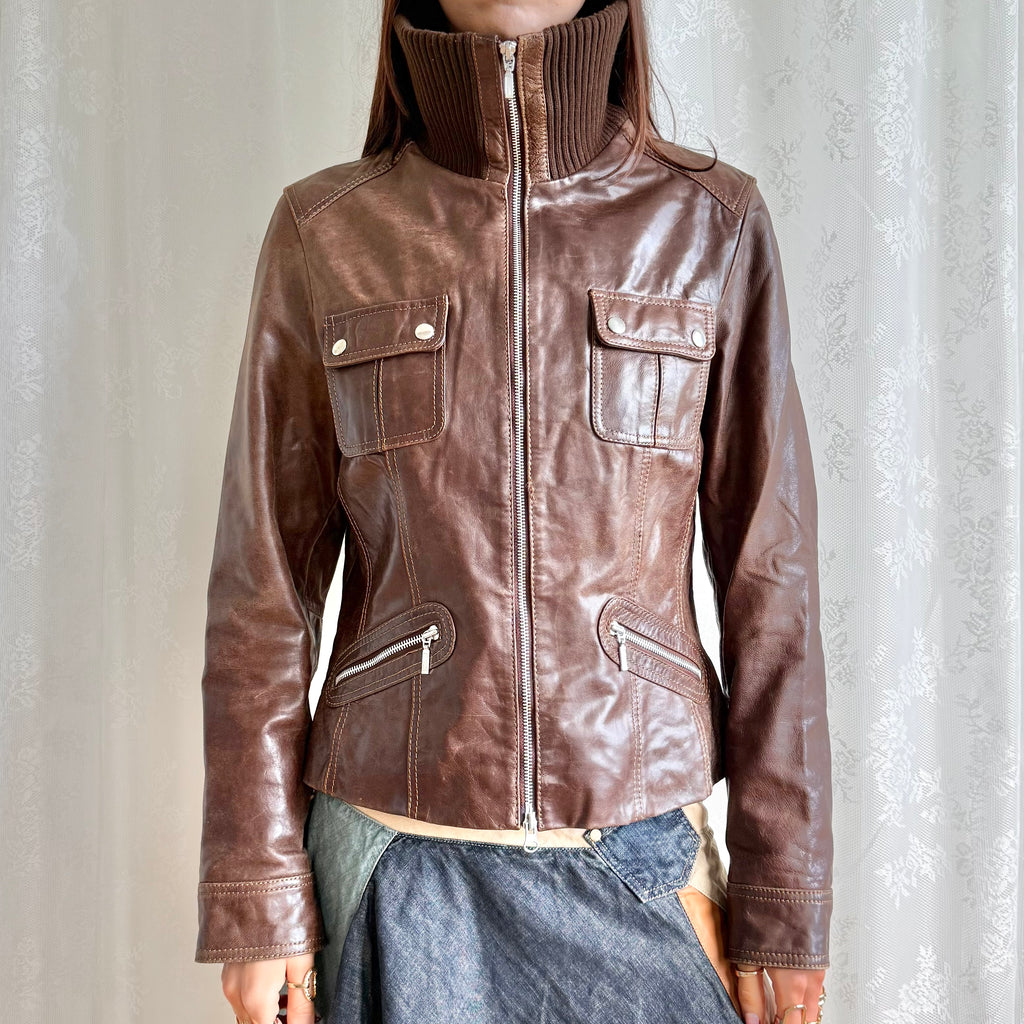 Genuine Leather Double Zip Jacket - Size XL
