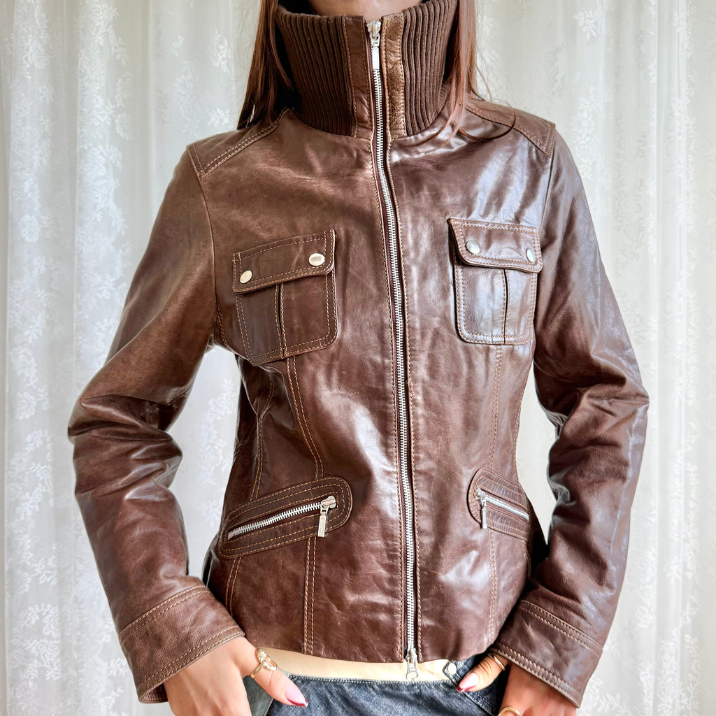 Genuine Leather Double Zip Jacket - Size XL