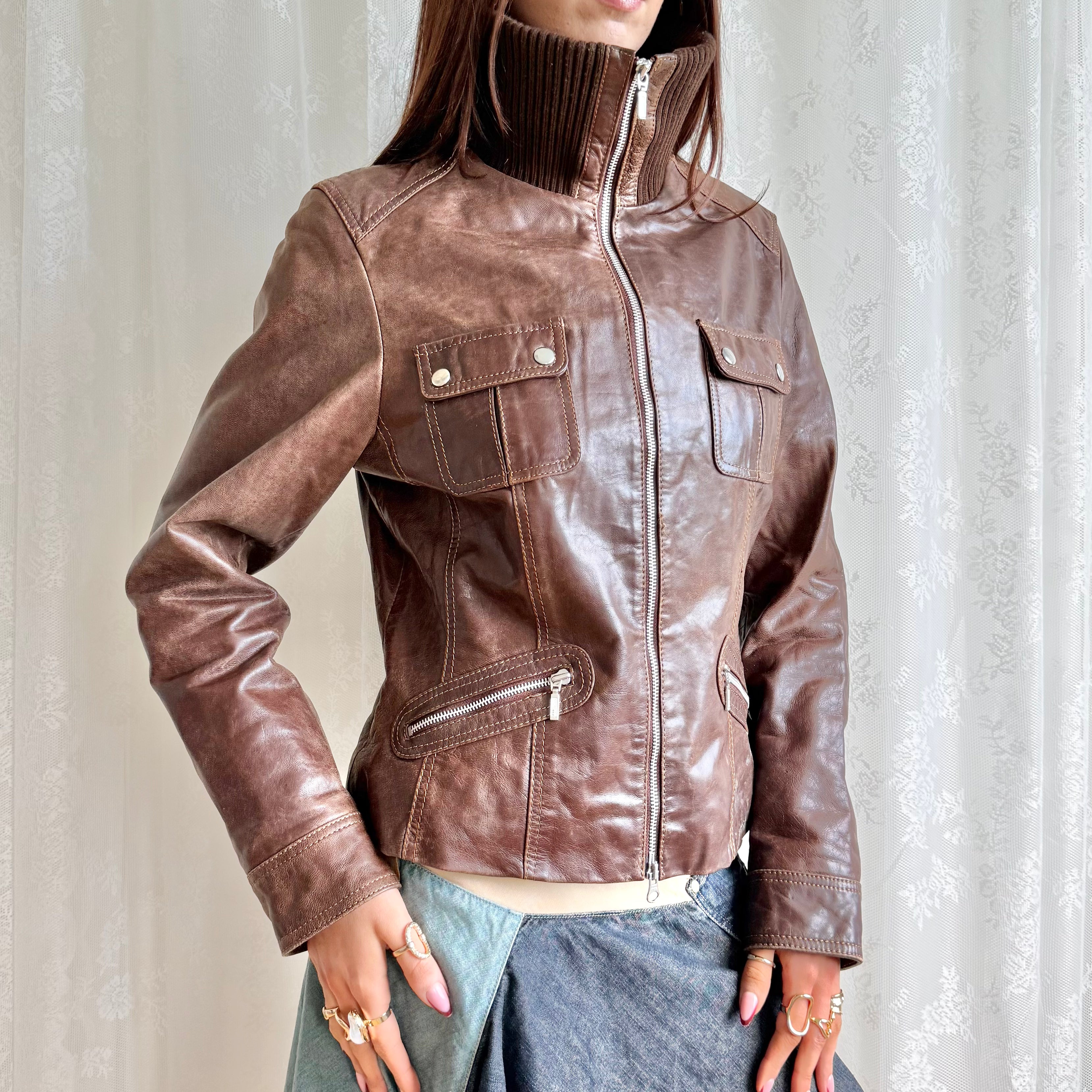 Genuine Leather Double Zip Jacket - Size XL