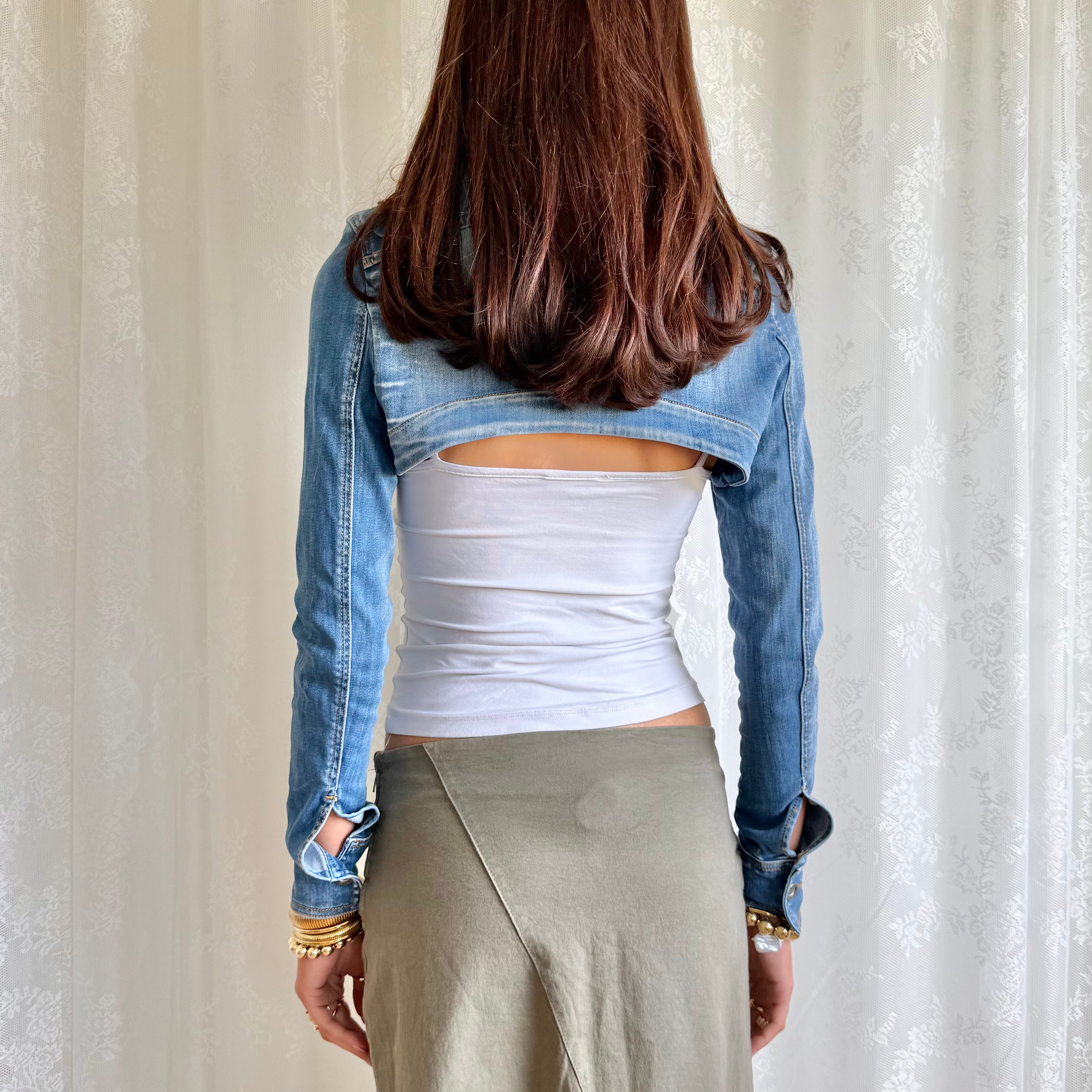 Denim Zip Micro Cropped Jacket - Size M