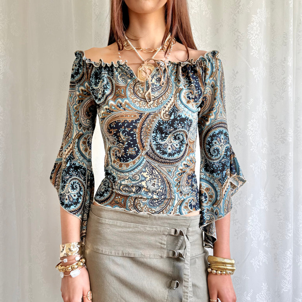 Patterned Flared Sleeve Top - Size M