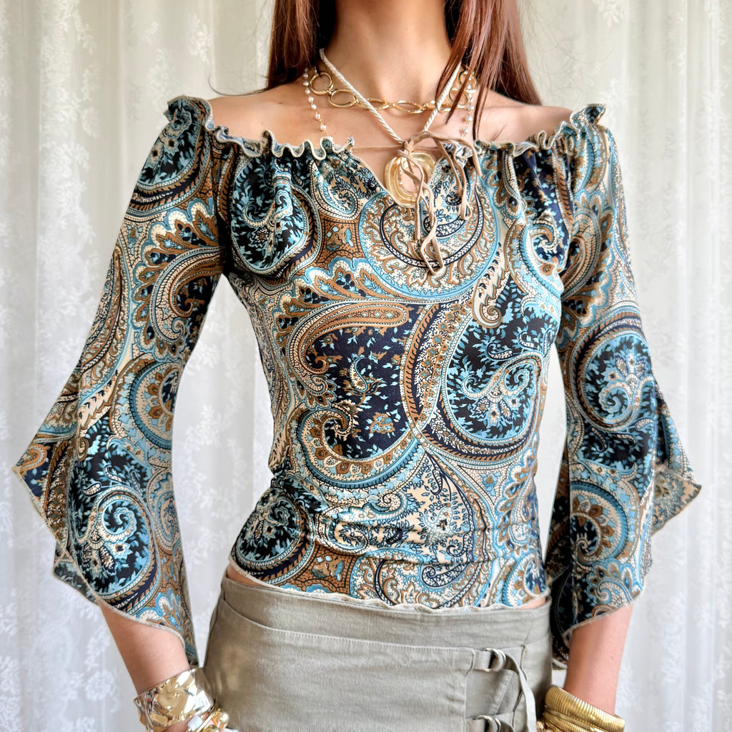 Patterned Flared Sleeve Top - Size M