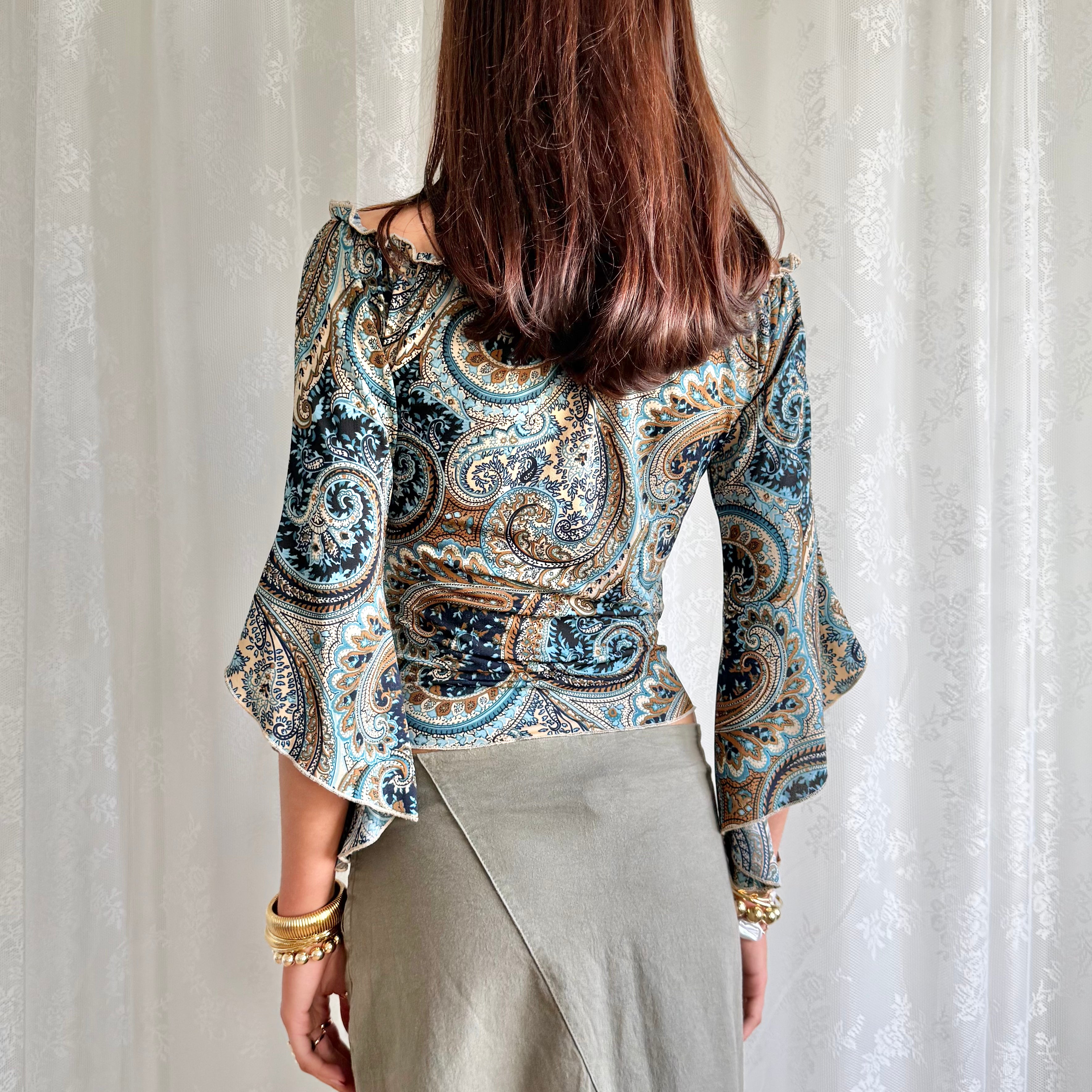 Patterned Flared Sleeve Top - Size M